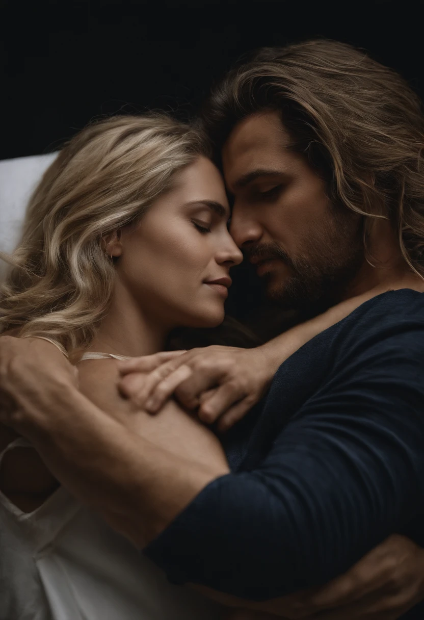 Mulher 25 anos, trabalhando como doula, com cabelo curto, moreno, olhos castanhos, Look with compassion, Supporting and holding the hand of another woman with long blond hair in labor, with his eyes closed and with a slight facial expression of pain, while the other hand holds her husband's hand, um homem de aproximadamente 1,80m de altura, moreno de cabelos bem aparados, em um ambiente hospitalar e acolhedor