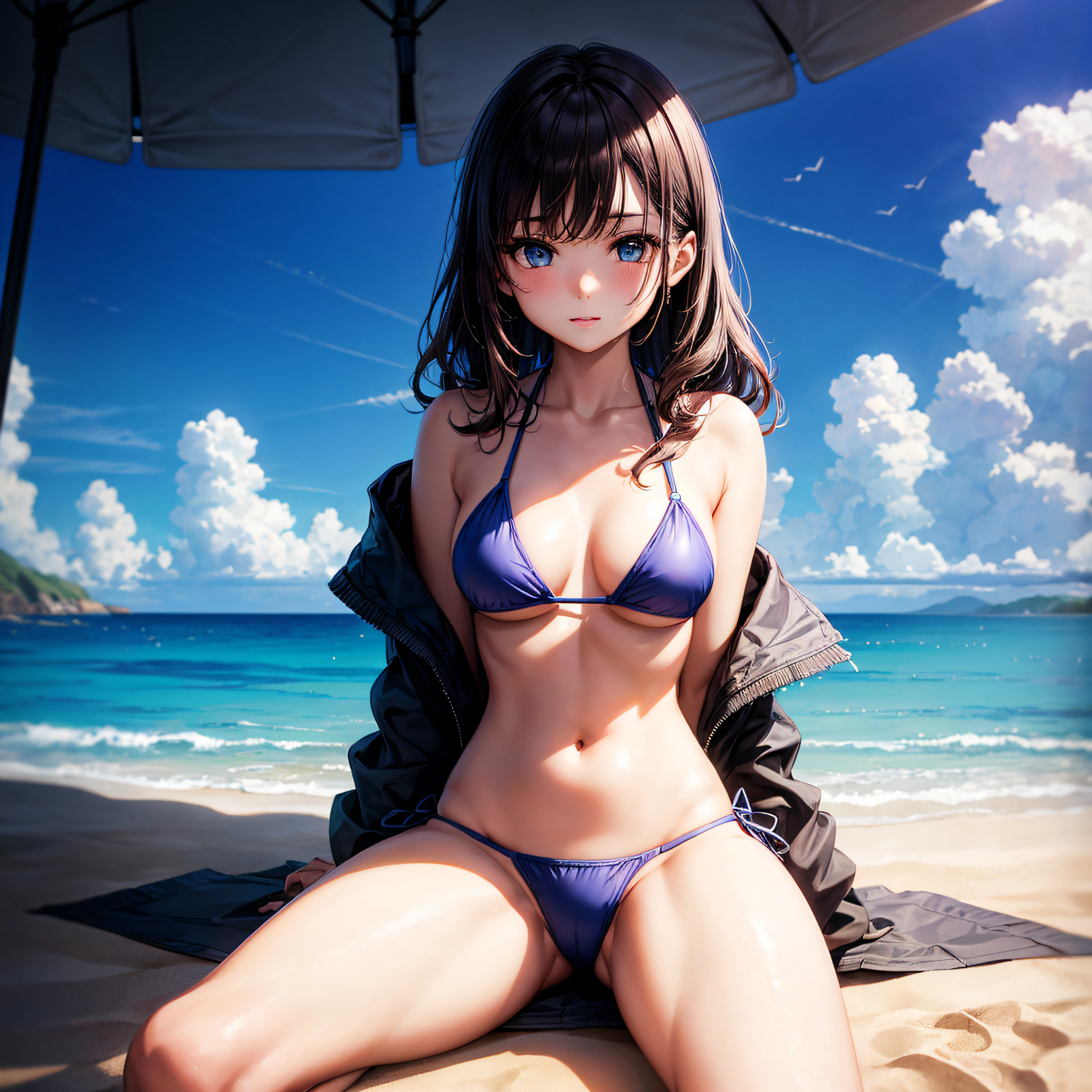 realisitic、top-quality、sit on beach、((One Woman:1.5))、Dark hair、blue eyess、Medium length、spread legswide、Wavy bristles、Sea view、校服、Open your clothes、Thin bikini、Sheer bikini、Medium chest、teats