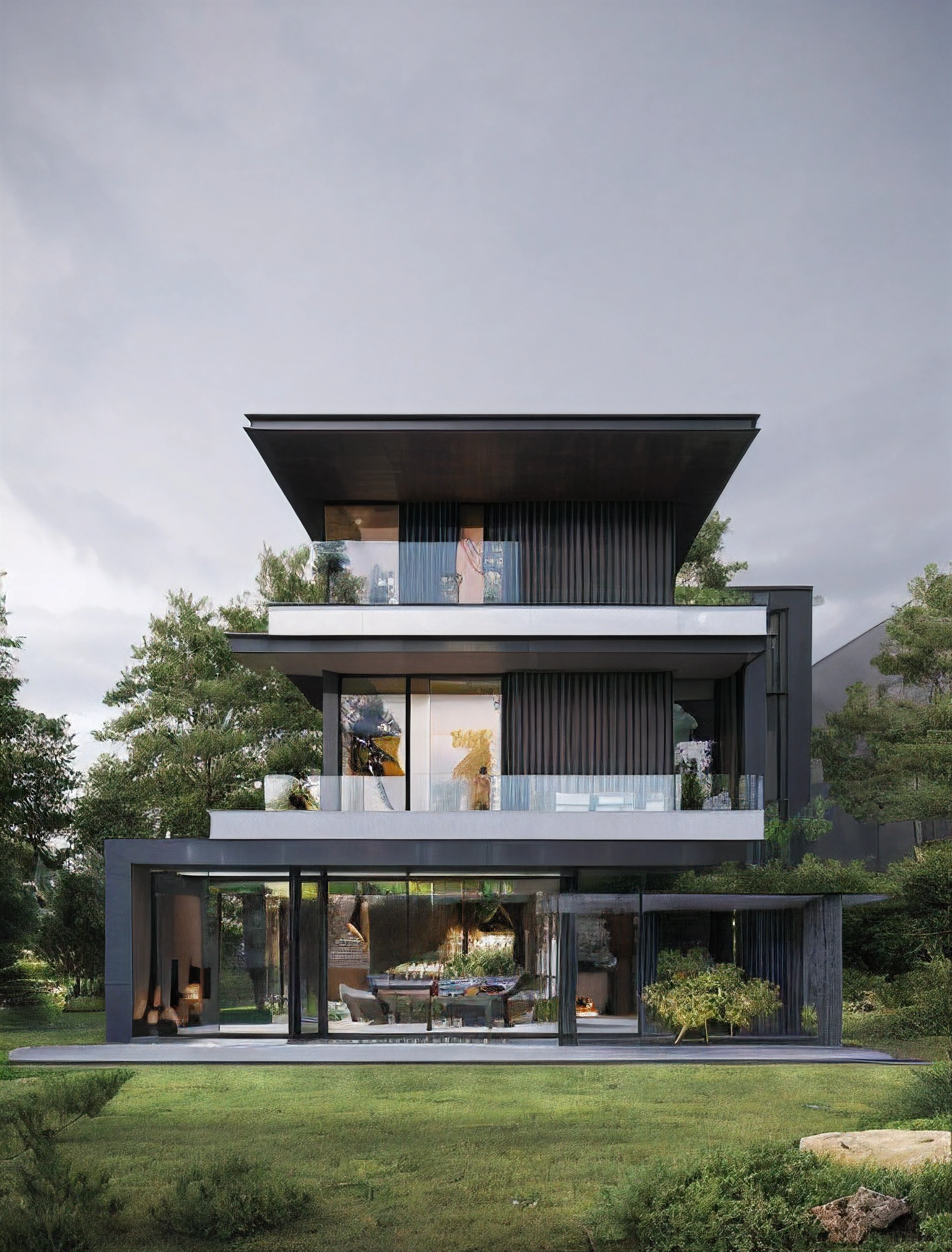MODERN HOUSE, 3DMAX RENDER CORONA, GREEN TREES AROUND, WARM COLORS