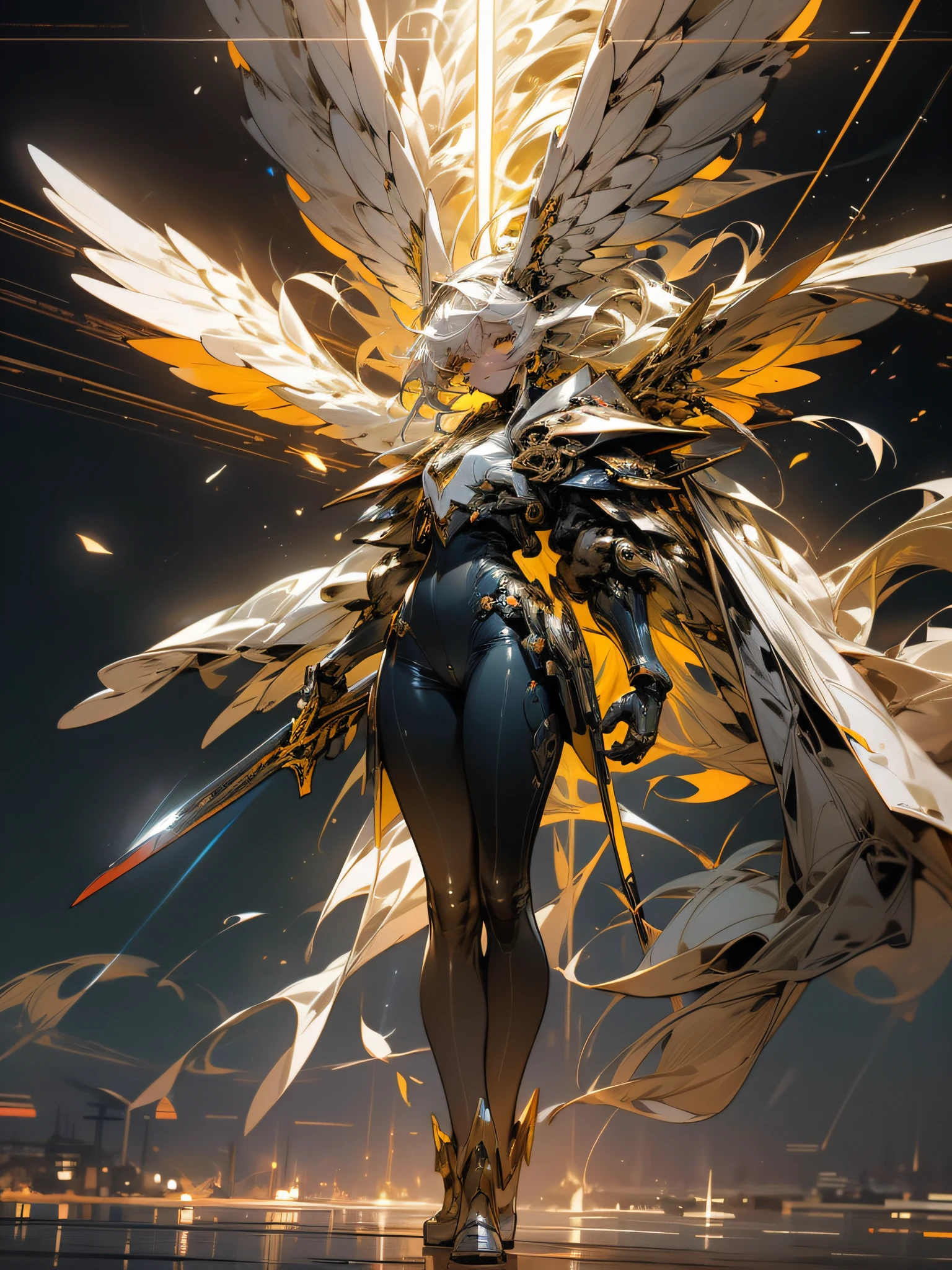 A powerful and potent MECH, two-color neon luminous eyes, open wings, dual swords, exuding its strength, full body, {extremely detailed 16k CG unit wallpaper}, expansive landscape photography, (a low-focus view on character), (wide open field view), (low angle shot), (high light: 1.5), (low light: 1.4), (warm light source: 1.8), complex details, (iridescent colors: 1.6 ), (bright lighting), (atmospheric lighting), Dreamy, Badass, unique