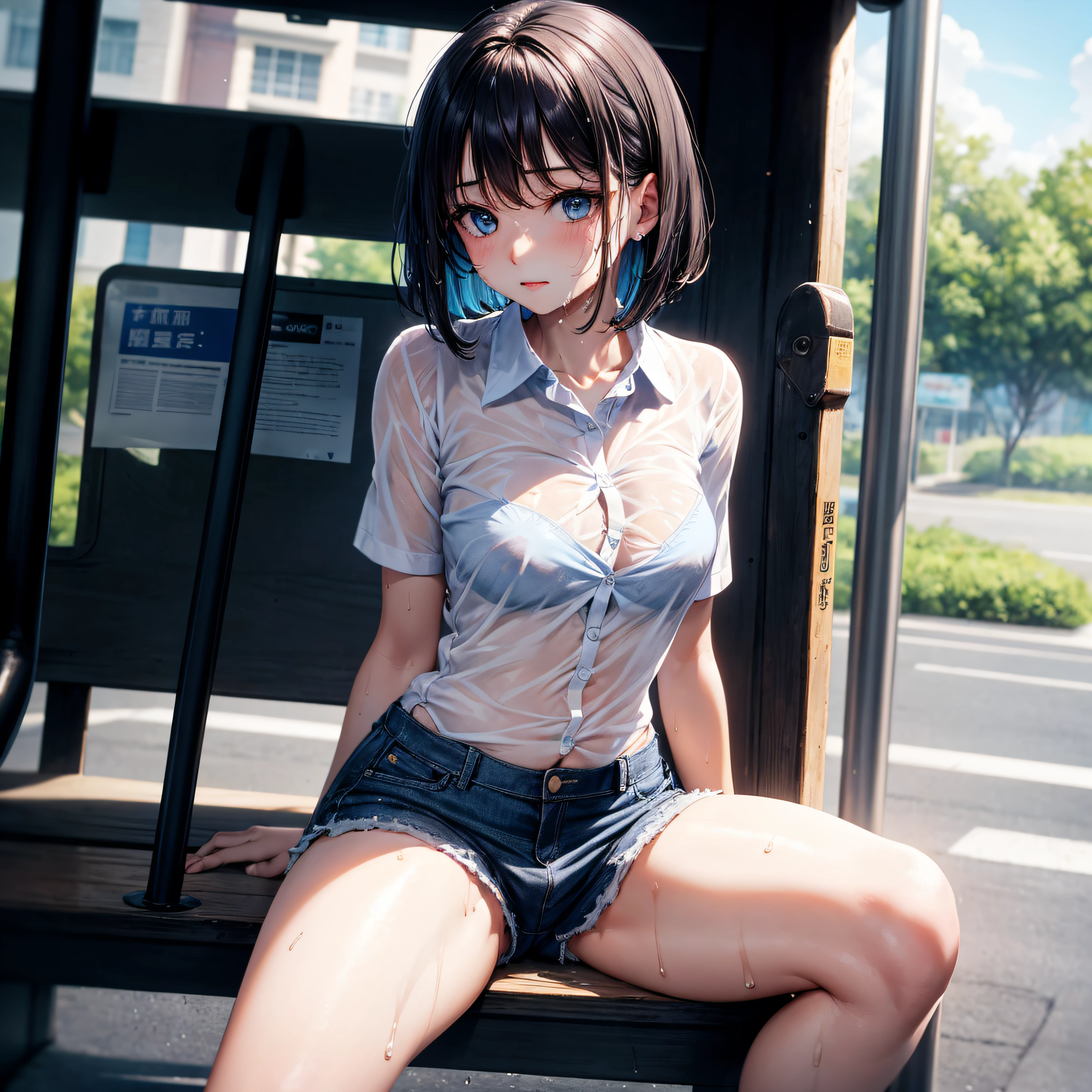 realisitic、top-quality、Sit at the bus stop、((One Woman:1.5))、Dark hair、blue eyess、Medium bob、white shirt、Wet、Sheer shirt、Roofed、hotpants、Black underwear、