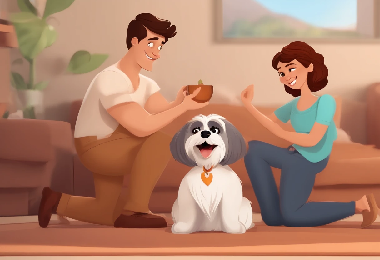 Create a Disney Pixar Cartoon Poster with a Happy Gay Couple. O primeiro homem magro, branco, cabelo liso, curto com um topete pequeno, cabelos cor castanho claro, olhos castanhos. Camiseta regata, Showing a little bit of the hairs of the chest. O segundo homem magro, moreno claro, sorridente, olhos castanhos e tem cabelos castanhos escuros e curtos. A shihtzu dog white in color, porem com as pontas das orelhas cinza com marrom e com uma mancha caramelo nas costas do cachorro. A lovely couple. Illustrate this scene from a perspective where they are facing the camera, Smiling and Showing Your Connection. Desenvolva esta arte em Full HD, Focus on your cinematic touch, Estilo Disney Pixar Animations