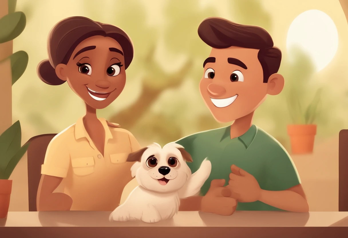 Create a Disney Pixar Cartoon Poster with a Happy Gay Couple. O primeiro homem magro, branco, cabelo liso, curto com um topete pequeno, cabelos cor castanho claro, olhos castanhos. Camiseta regata, Showing a little bit of the hairs of the chest. O segundo homem magro, moreno claro, sorridente, olhos castanhos e tem cabelos castanhos escuros e curtos. A shihtzu dog white in color, porem com as pontas das orelhas cinza com marrom e com uma mancha caramelo nas costas do cachorro. A lovely couple. Illustrate this scene from a perspective where they are facing the camera, Smiling and Showing Your Connection. Desenvolva esta arte em Full HD, Focus on your cinematic touch, Estilo Disney Pixar Animations