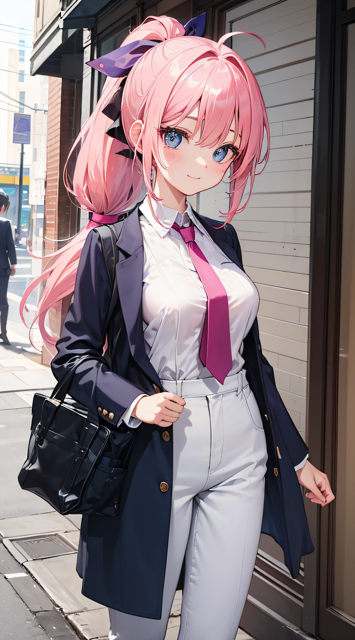 ultra-detailed,An unparalleled masterpiece,Super exciting,Unified 8K,extremely clear,Very sophisticated,Photographic 2D、soio,portrait of a full body、japanaese girl、a baby face、Pink hair、Short ponytail、Ahoge、Hair Ribbon、drooing eyes、blue eyes、long eyelashes、tthin eyebrows、Beautiful breasts、Smiling smile、closes mouth、Indigo tailored jacket、white shirt、Indigo Tie、Indigo stretch pants、pink lipsticks、General Store、Bright general store background、lighting forward, front lighting、Illuminate half of the face、Blurry background