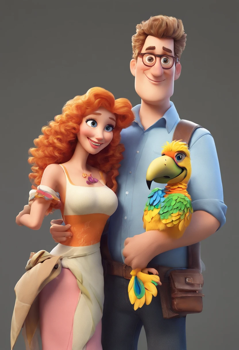 Estilo Pixar: The adult man with curly blond hair has a parrot on his shoulder, e ao lado direito tem sua esposa de cabelo preto, enrolado e olhos grandes ,3D Poster,Disney