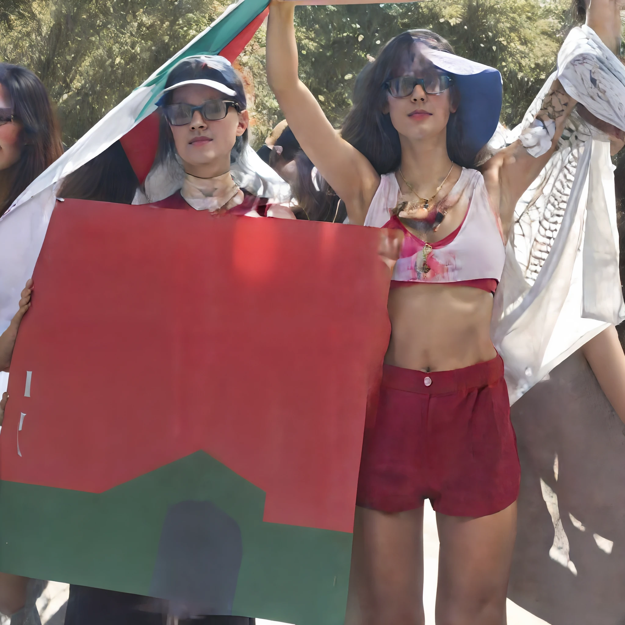 photo of two beautiful women holding signs, a beautiful woman wearing glasses holding a sign in front of her standing next to a woman holding a sign above her head