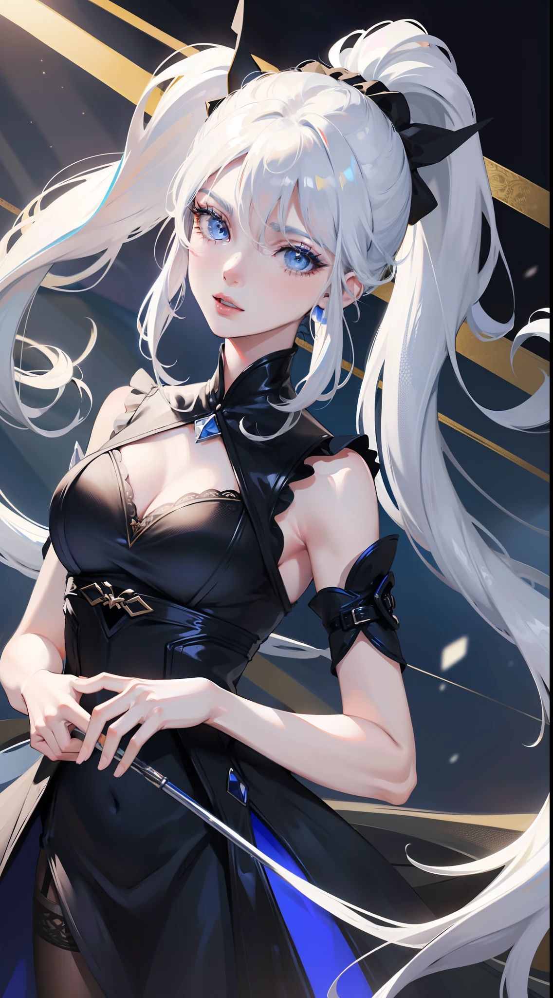 Grown-up girl, long white hair, high ponytail, blue eyes, blue eyeshadow, blue lipstick, black tight dress, rich dress, sleeveless, open breasts, golden elements, singing, opera, Masterpiece, hiquality, 4k, HD, Good detail