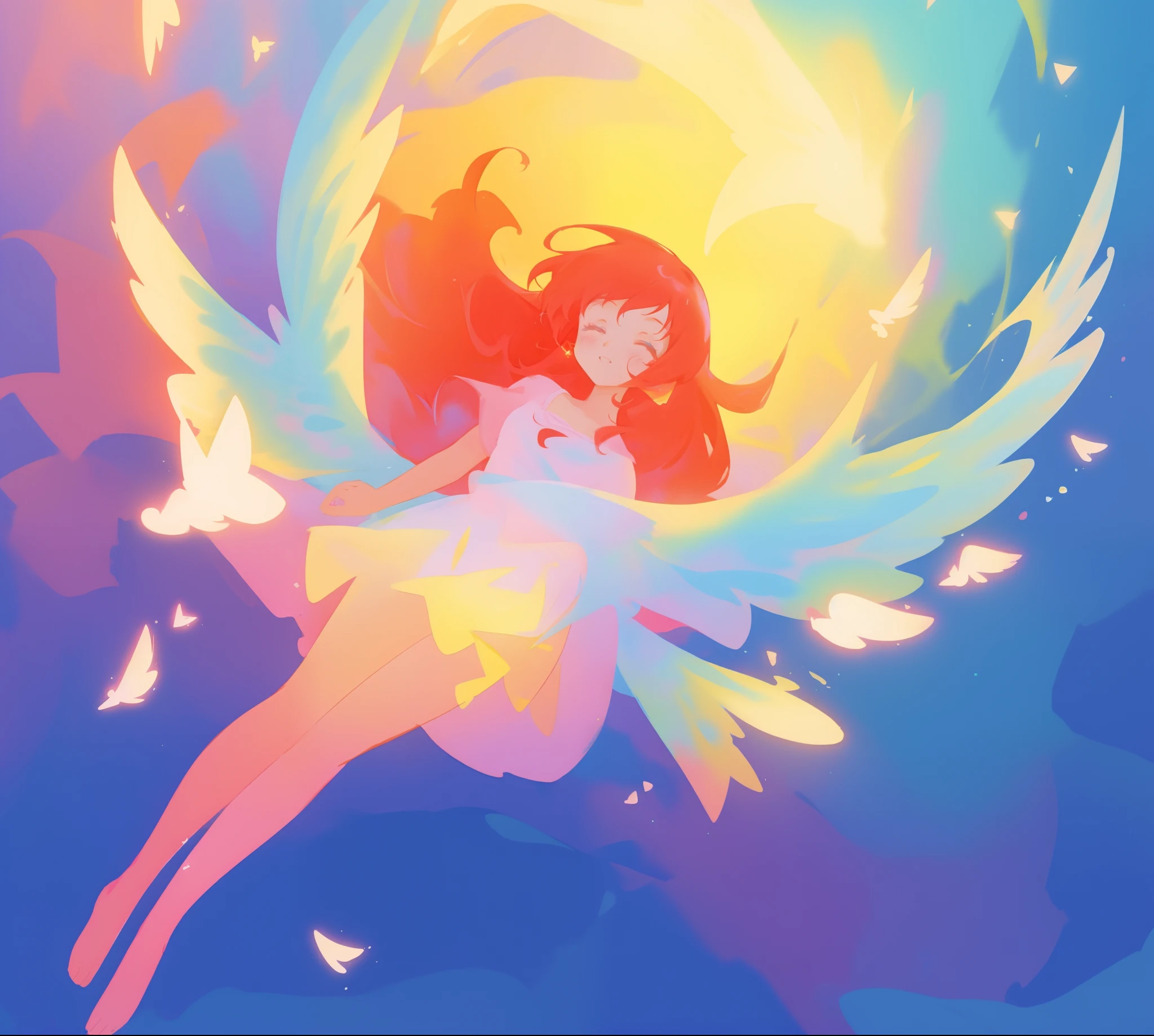 beautiful angel girl in colorful shimmering puffy dress, ((colorful angel wings)), vibrant pastel colors, long flowing red hair, colorful fantasia background, watercolor illustration, disney art style, beautiful digital illustration, beautiful, masterpiece, best quality, anime disney style, beautiful face