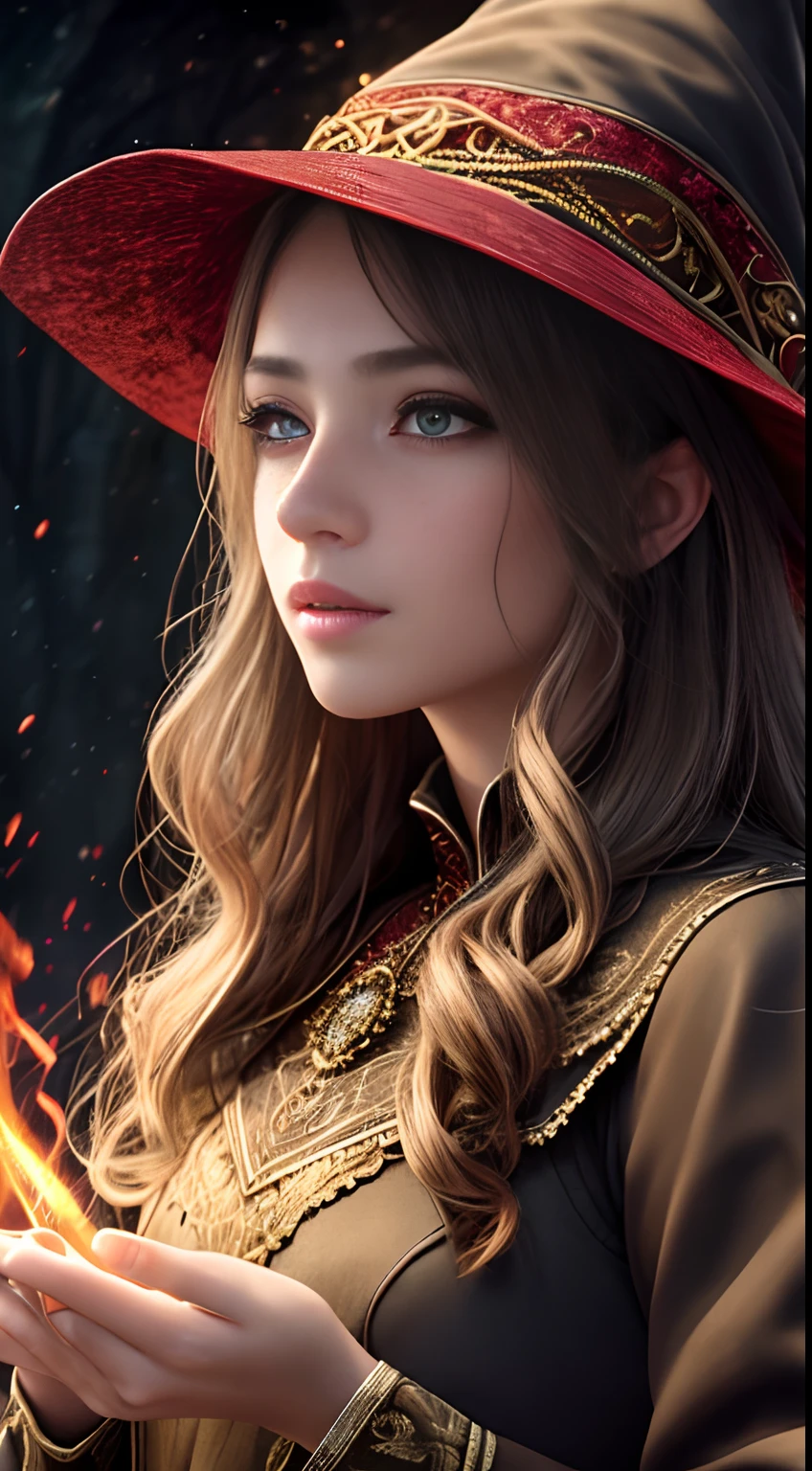 photorealistic, 35mm, intricate details, hdr, intricate details, hyperdetailed, natural skin texture, hyperrealism, sharp, 1 girl, adult (elven:0.7) woman, freckles, grey eyes, chestnut layered hair, portrait, looking down, solo, half shot, detailed background, witch hat, witch, magical atmosphere, hair flowing in the wind, red trimmed light colored clothes, whirlwind of swirling magic spell in the air, dark magic, (style-swirlmagic:0.8), floating particles