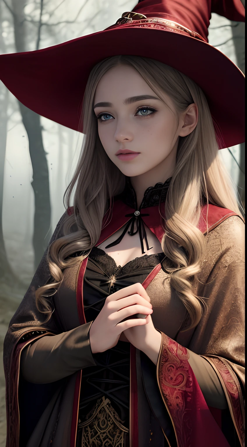 photorealistic, 35mm, intricate details, hdr, intricate details, hyperdetailed, natural skin texture, hyperrealism, sharp, 1 girl, adult (elven:0.7) woman, freckles, grey eyes, chestnut layered hair, portrait, looking down, solo, half shot, detailed background, witch hat, witch, magical atmosphere, hair flowing in the wind, red trimmed light colored clothes, whirlwind of swirling magic spell in the air, dark magic, (style-swirlmagic:0.8), floating particles