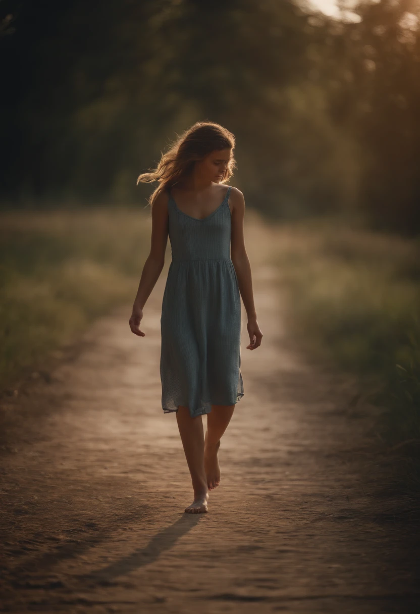 barefoot girl, walking forward,