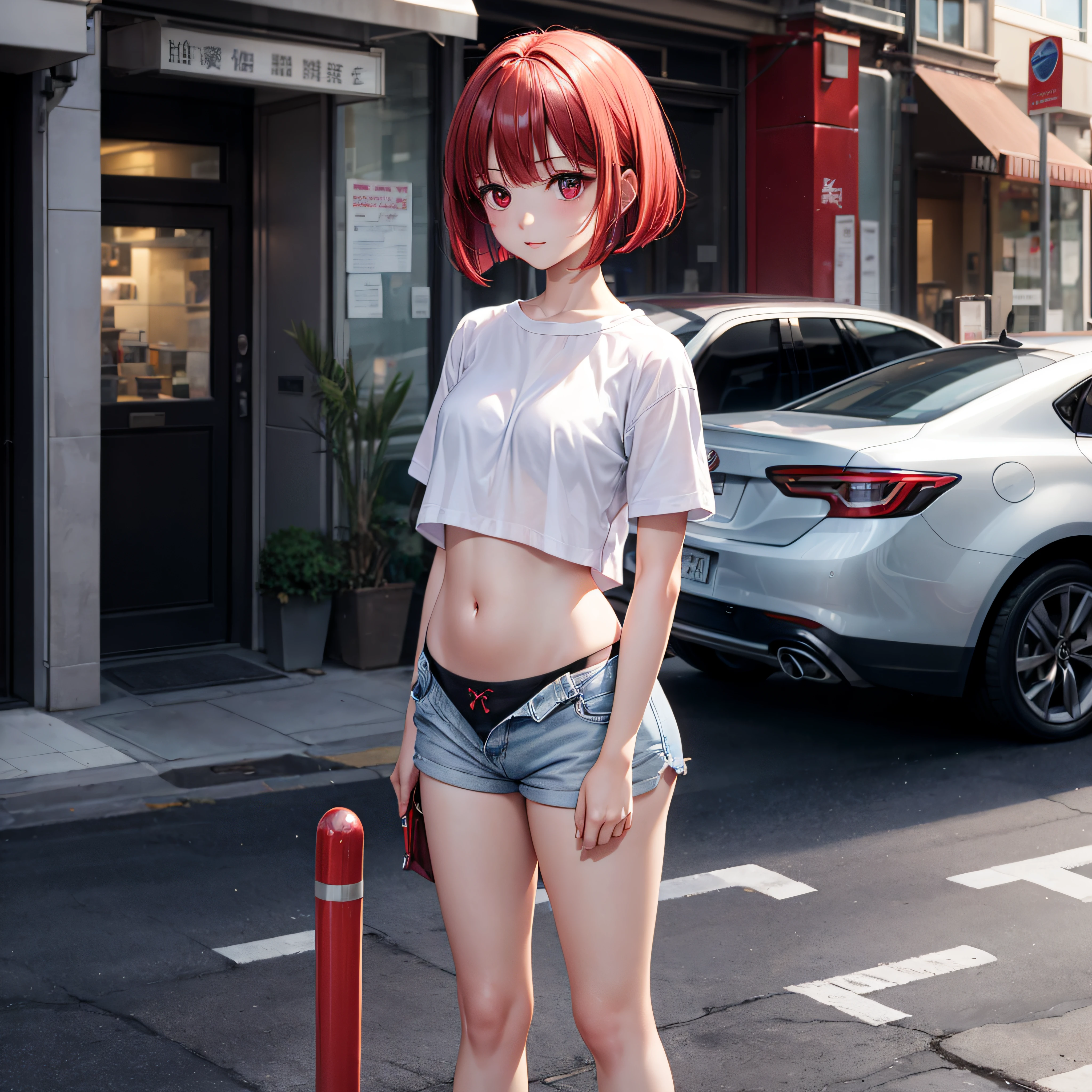 realisitic、top-quality、Standing on a street corner、with light glowing、((One Woman:1.5))、Light hair、red eyes、Medium bob、white shirt、Sheer shirt、Navel Ejection、teto、hotpants、Black underwear