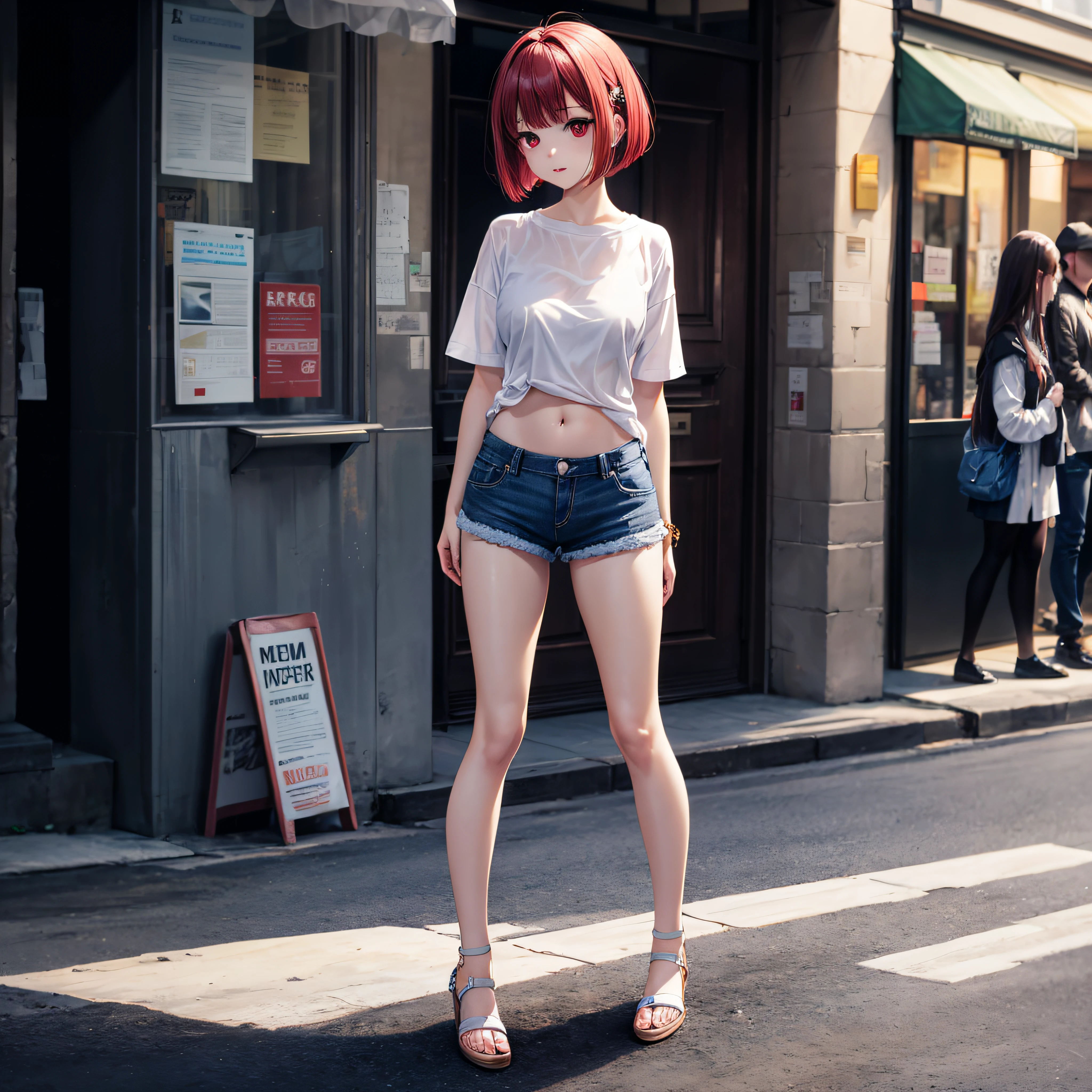 realisitic、top-quality、Standing on a street corner、with light glowing、((One Woman:1.5))、Light hair、red eyes、Medium bob、white  shirt、Sheer shirt、Navel Ejection、teto、hotpants、Black underwear