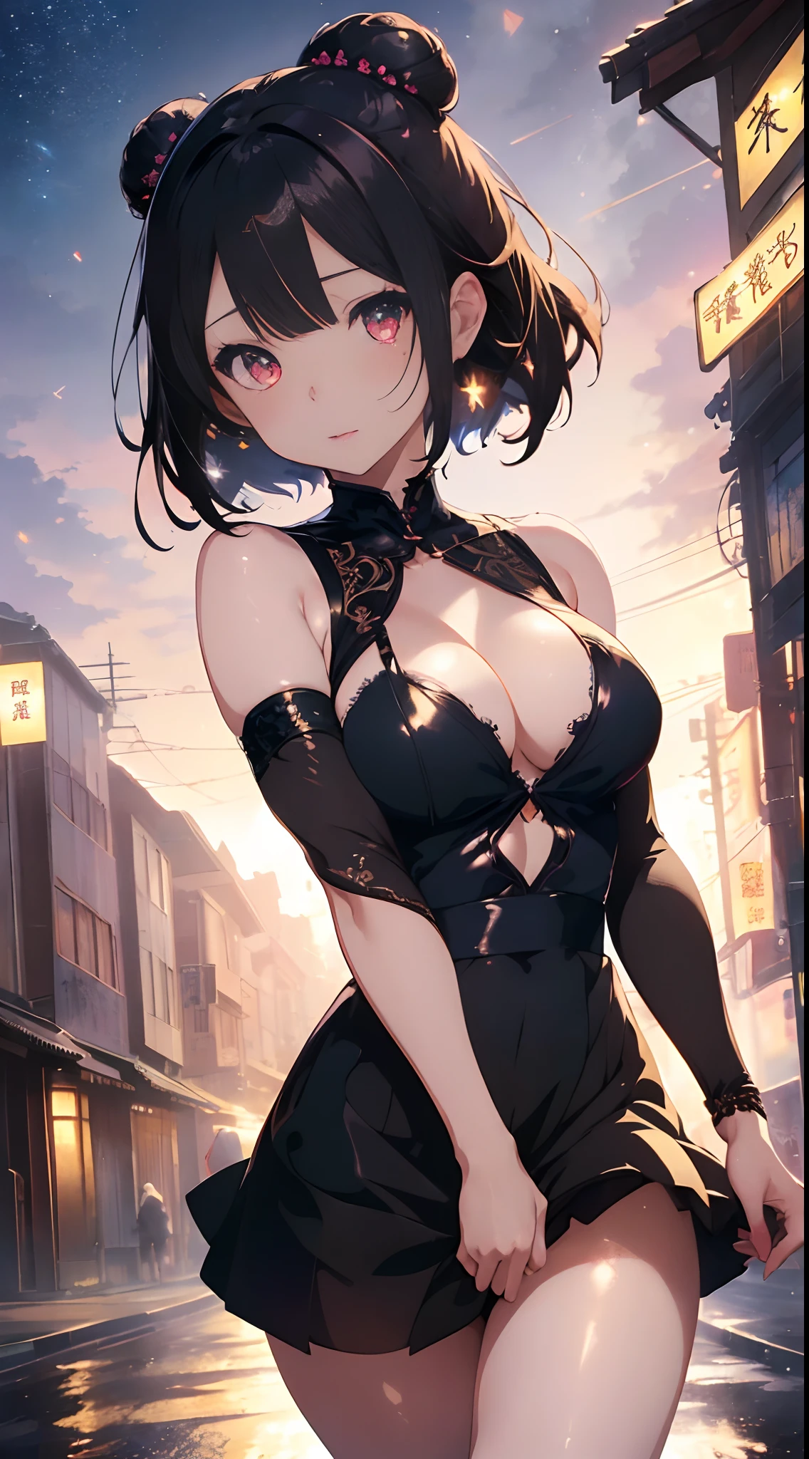 8k HD resolution, (masterpiece), best quality, expressive eyes, perfect face, Higly detailed, Professional art, vivid colours, 135 lens, sun ray lighting, ((bokeh)), (depth of field), Concept: Anime waifu whose eyes are particularly striking and captivating, ((whose arm and legs covered in glowing runes)), wearing (daringly cleavage Yoneyama Mai artistic style short skirt loose glittery dress), masterpiece luminescent anime style drawing, intricate details, [Composition: a striking eyed straight cut short bangs one japanese modern style strict back head bun and straight black haired albino glowing eyes anime character walking in the middle of the magical nothingess] full body art, sensual anime woman, anime illustration, beautiful anime artwork, anime artwork, sharp, high quality fabric, [Mai yoneyama artistic style background], Oil painting of a anime waifu by Yoji shinkawa
