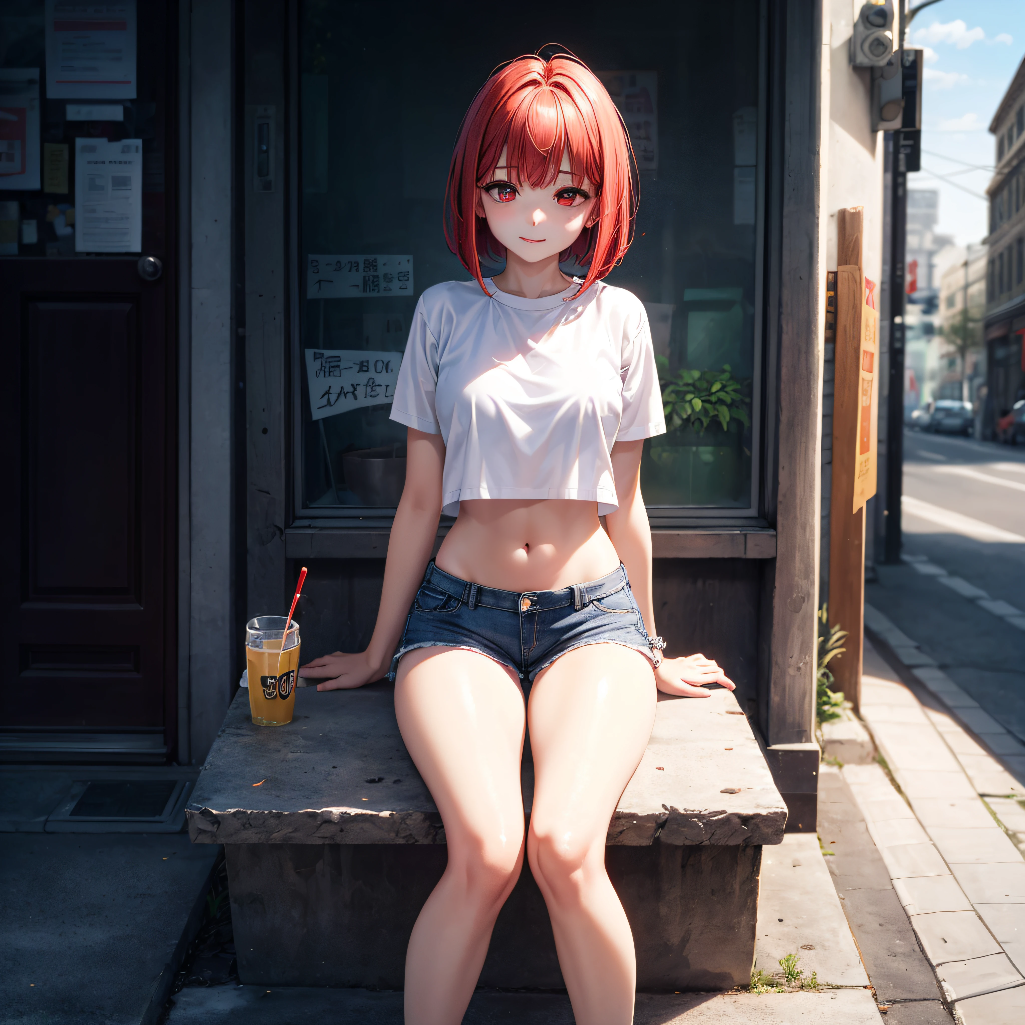 realisitic、top-quality、Sit on a street corner、with light glowing、((One Woman:1.5))、red hairs、red eyes、Medium bob、white  shirt、Sheer shirt、Navel Ejection、hotpants、Black underwear、spread legswide