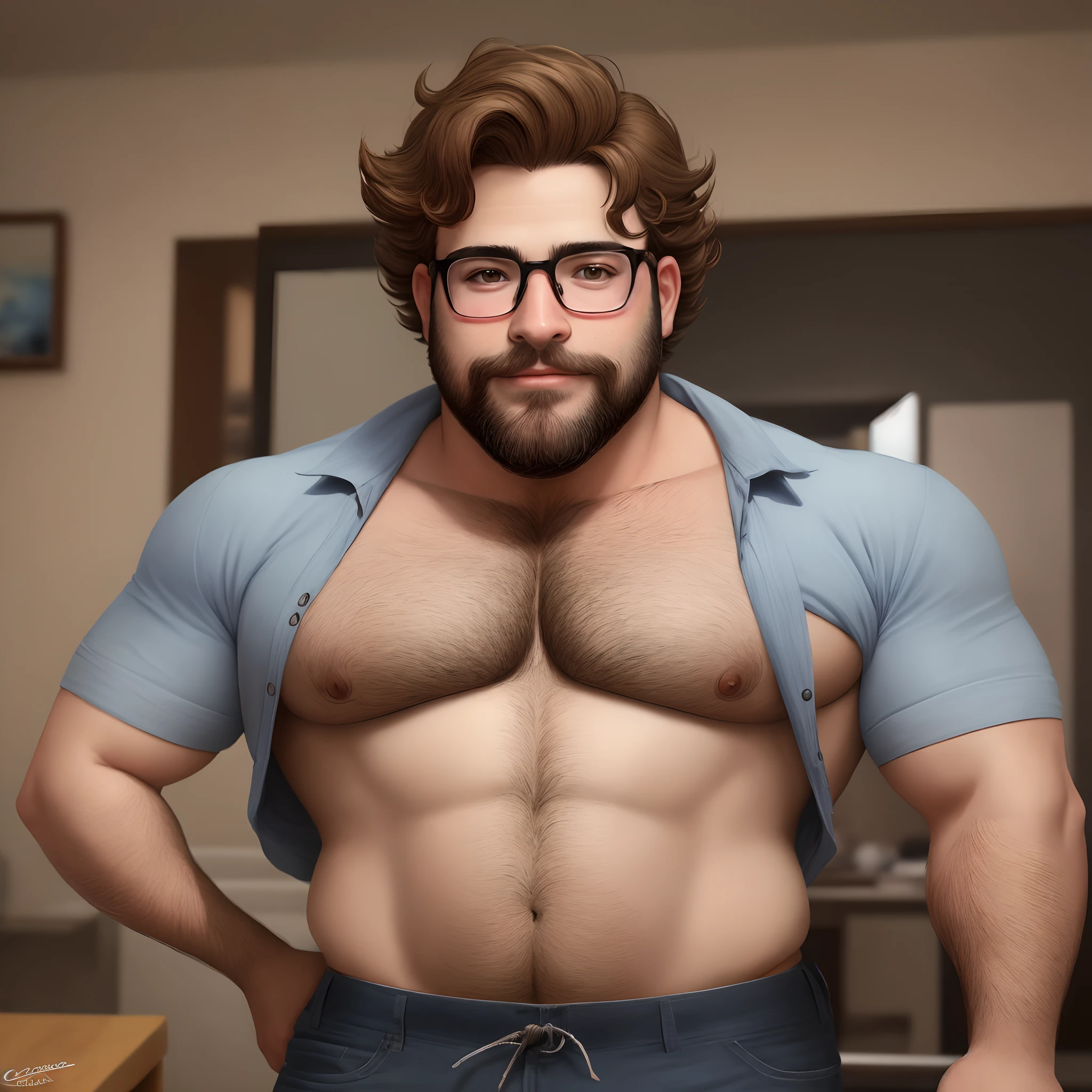 Gordo, barbudo, wears glasses, cabelo castanho escuro