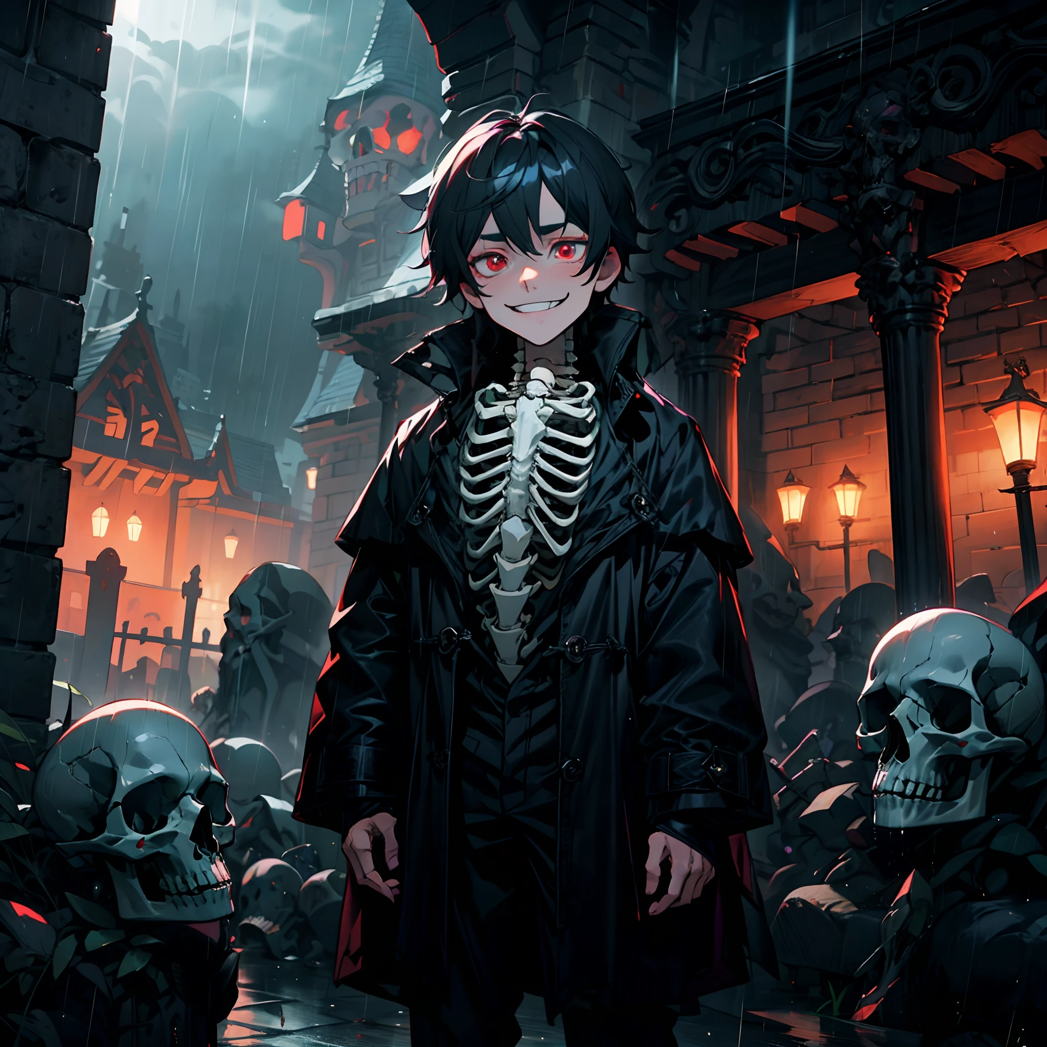 gloving red eyes,rain,standing outside,graveyard,masterpiece, best quality, skeleton style, solo, indoors, castle, light, professional light, colorful, ultra detailed, demonic evil smile, skull, anime style, long coat, black coat, open shirt, (6 Years Old, AS-Youngest)