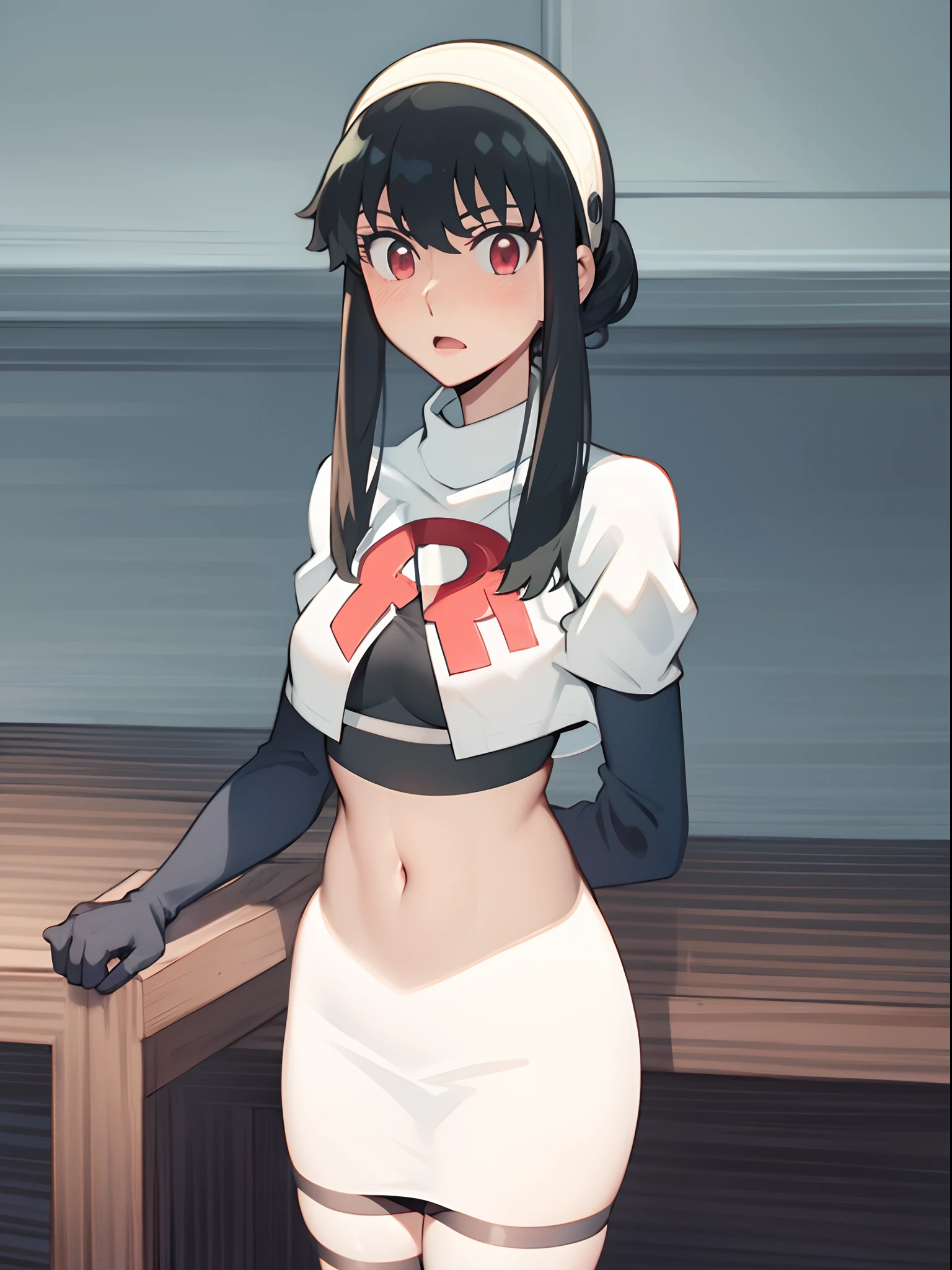 yor, 1girl, black hair, red eyes, black hair, short hair, short hair with long locks, bangs, sidelocks, white hairband,team rocket,team rocket uniform,white skirt,crop top,black thigh-highs,black elbow gloves,