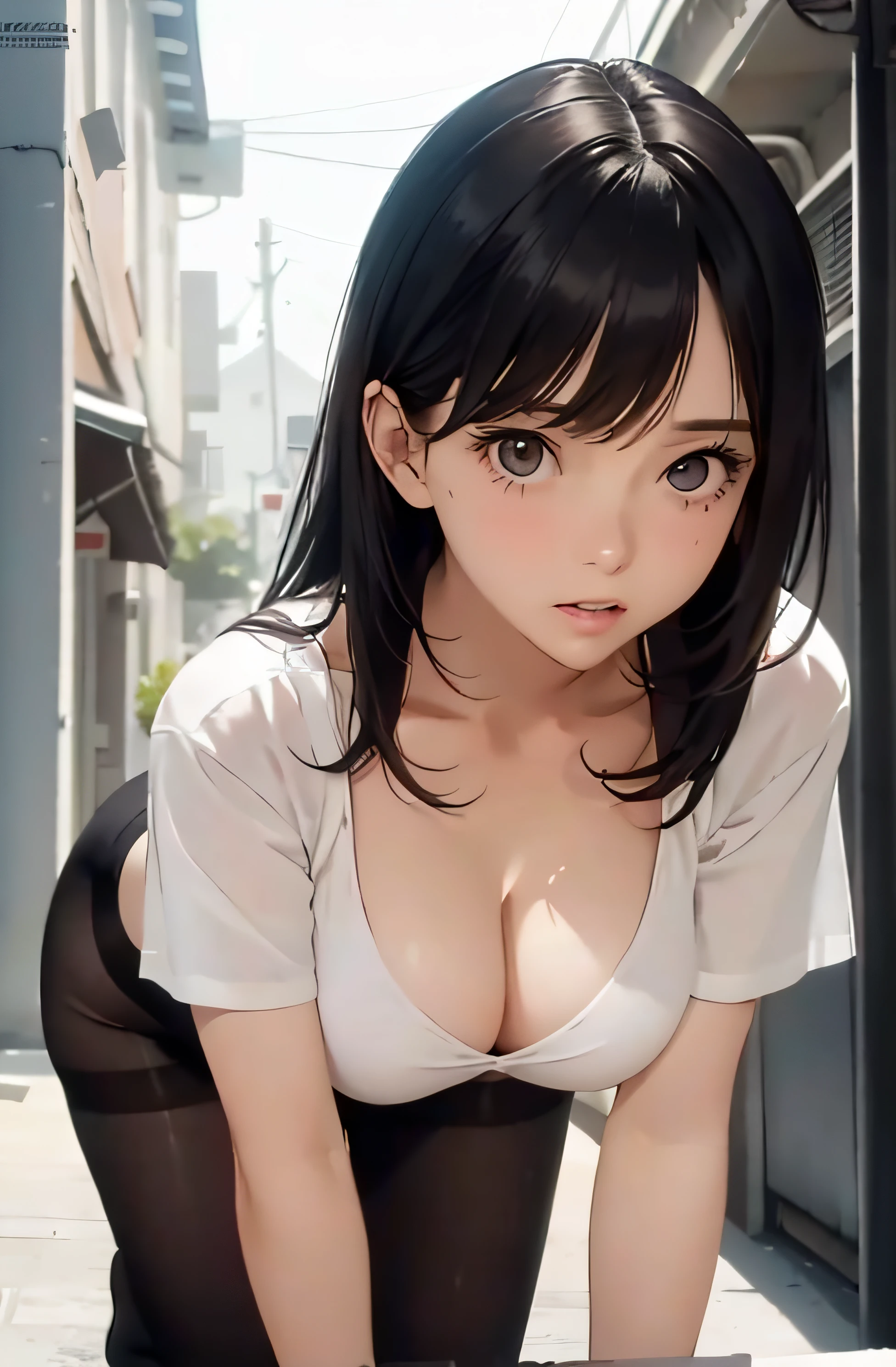 girl in summer clothes, white t-shirt, bikini bottom, pantyhose or long stockings, making as if she wants to kiss you, (girl bending down looking at the camera), medium breasts, cleavage, random background, flirtatious look, ((very detailed)), (perfectly detailed face), (well detailed hand) photorealistic image.