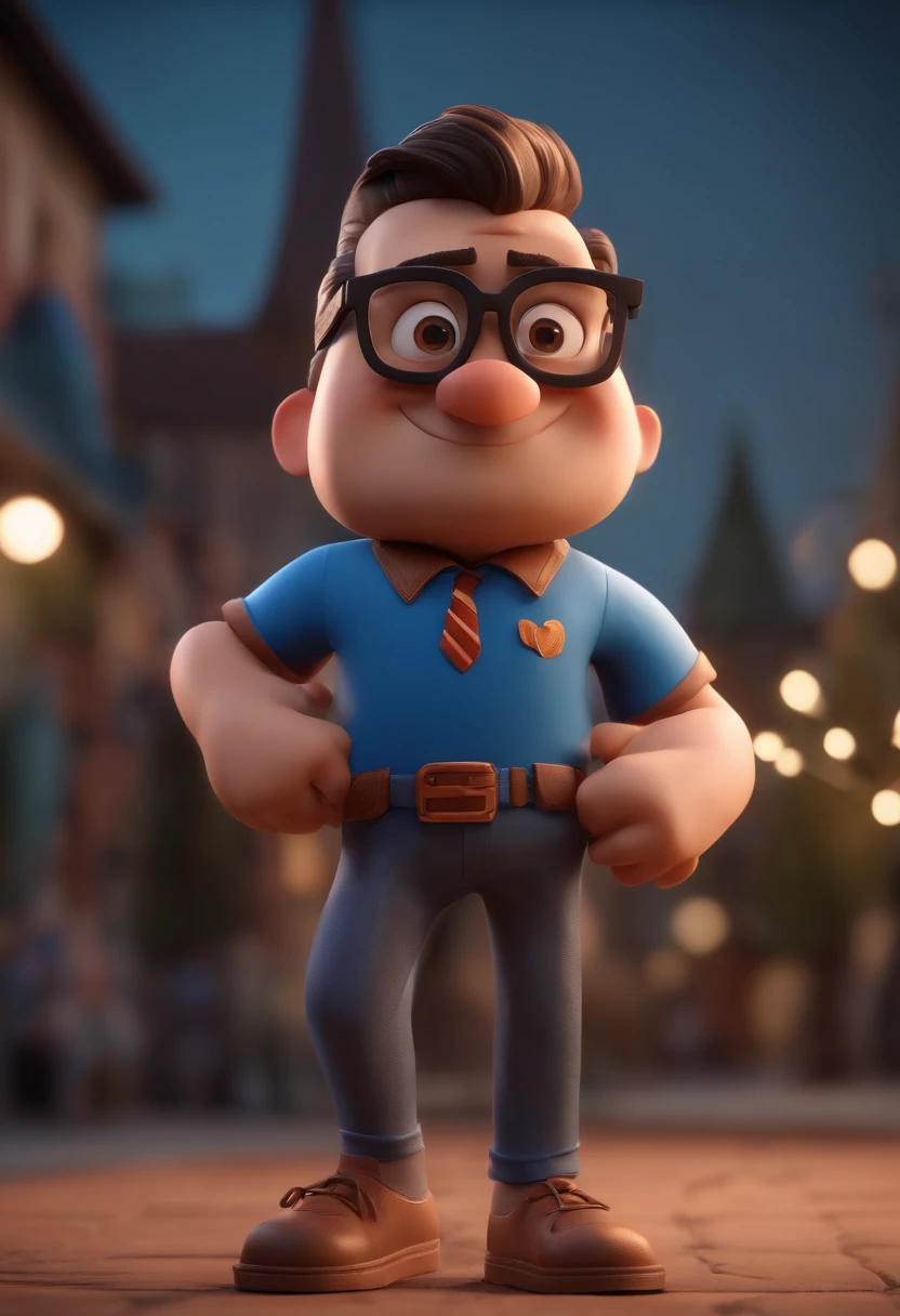 Cartoon character of a man wearing black glasses and a blue shirt, um personagem animado, Caractere estilizado, animation style rendering, 3D estilizado, Arnold Maya render, 3 d render stylized, toon render keyshot, Personagem 3D, Personagem 3D, 3d rendering stylized, 3 d character render, personagem de desenho animado, Personagem de close up, Pose de personagem, (Estilo Pixar) (master part:1.2) (Bokeh) (best quality) (pele detalhada) (textura detalhada) (8k) (argila) (Cinematic lighting) (foco nítido,Senta e vaza a parte superior do corpo