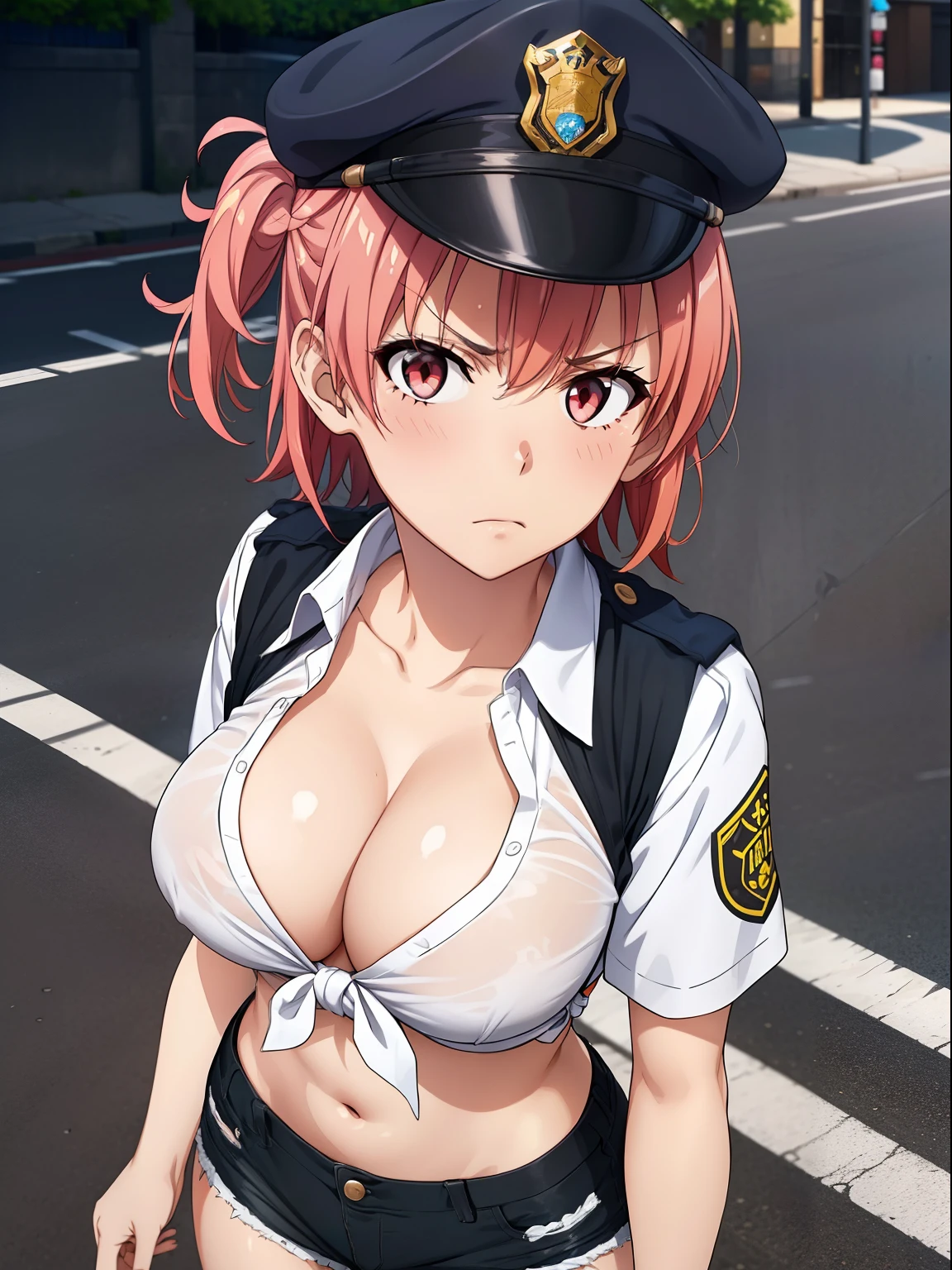 ((masutepiece, Best Quality, hight resolution, nffsw, Perfect Pixel, depth of fields, 4K, )), 1girl in, Solo, Lori, Beautiful anime girl, Beautiful Art Style,
close up, Looking at Viewer,
Perfect body,
Yuigahama Yui, Short hair, Pink hair, (large boob),
Full face blush, angry, Puffy cheeks,
from above,
in street,
Leading Ahead,
Black Police Peak Cap, police,
cleavage, Midriff, (White shirt), front-tie top, Black high-waisted shorts, Rat trail section,