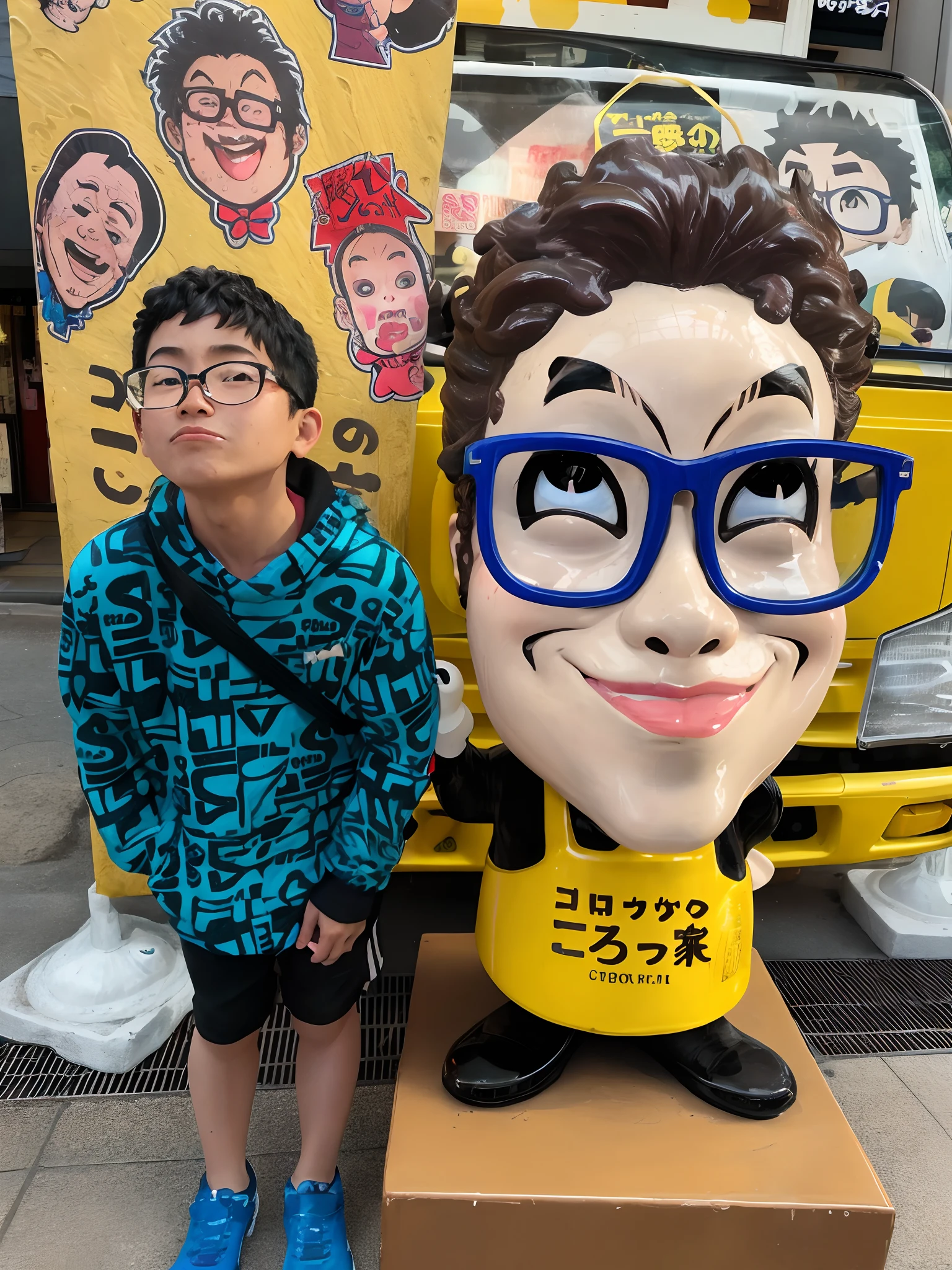 Arafed boy next to a statue of a woman with glasses, with a big head, in front of ramen shop, in tokyo, Tomado com Sony Alpha 9, cabrito, with a kid, In Tokyo Akihabara, with a large head and big eyes, Sofubi, Ron English and Eiichiro Oda, Japanese mascot, in a tokyo street