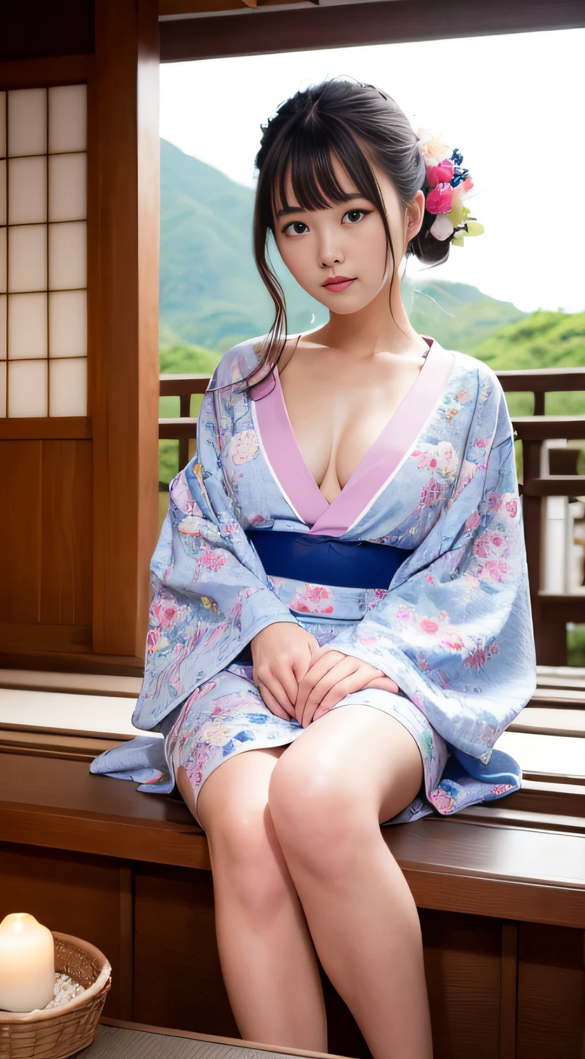 top-quality、masterpiece、ultra res、a beauty girl、cute girl face、Onsen inn、Wearing a yukata、full bodyesbian、Famous actresses of Japan、very beautiful face、chest