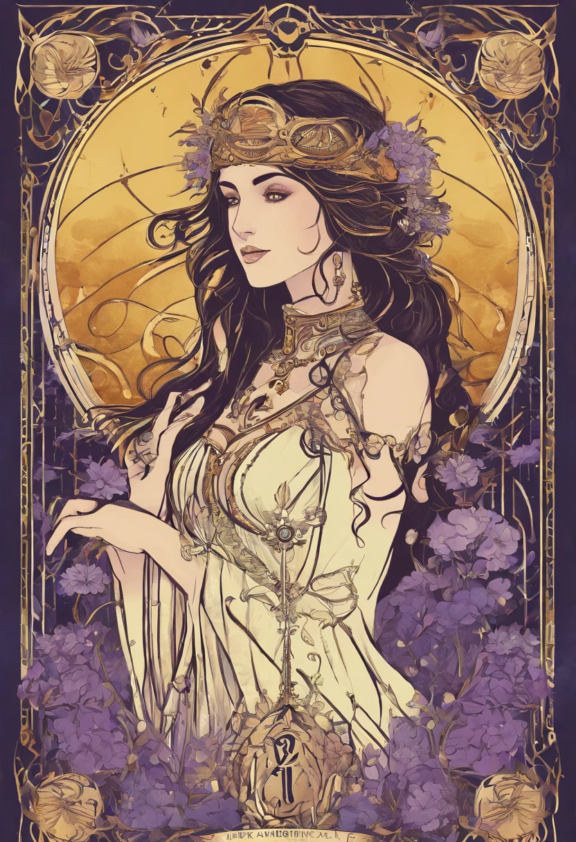 ((best quality)) , ((master part)) , (circunstanciado) ,(Tarot card illustration:1.3),desgaste do quarto, Linda arte digital, Ethereal Magical Atmosphere, (Beleza americana:1.3), Tons de lavanda, Quantum Wavetracing, ultrahigh-resolution, 8K resolution