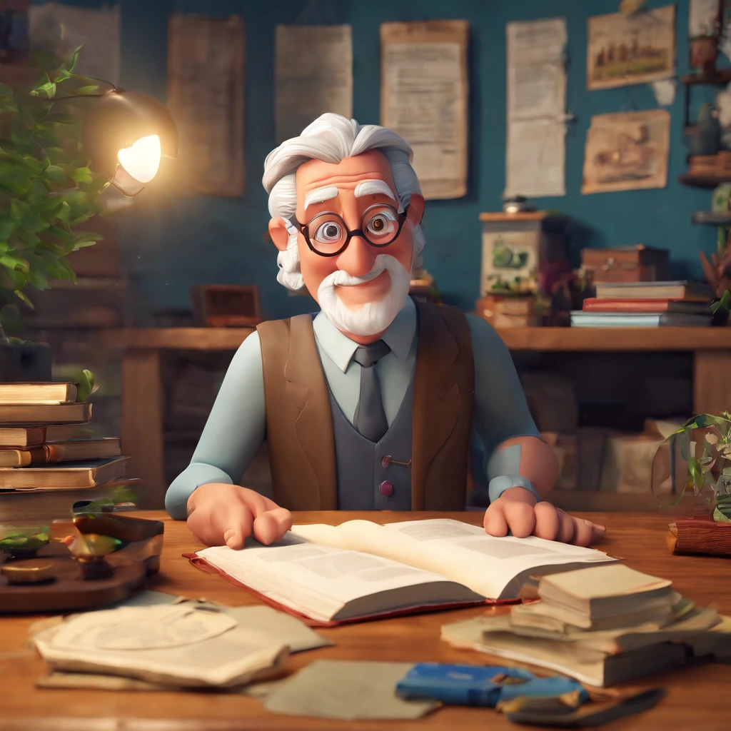 Crie um cartaz inspirado na Disney Pixar com o personagem sendo o pastor Rubens Janier, A gray-haired man wearing glasses, in an office with a Bible on the table