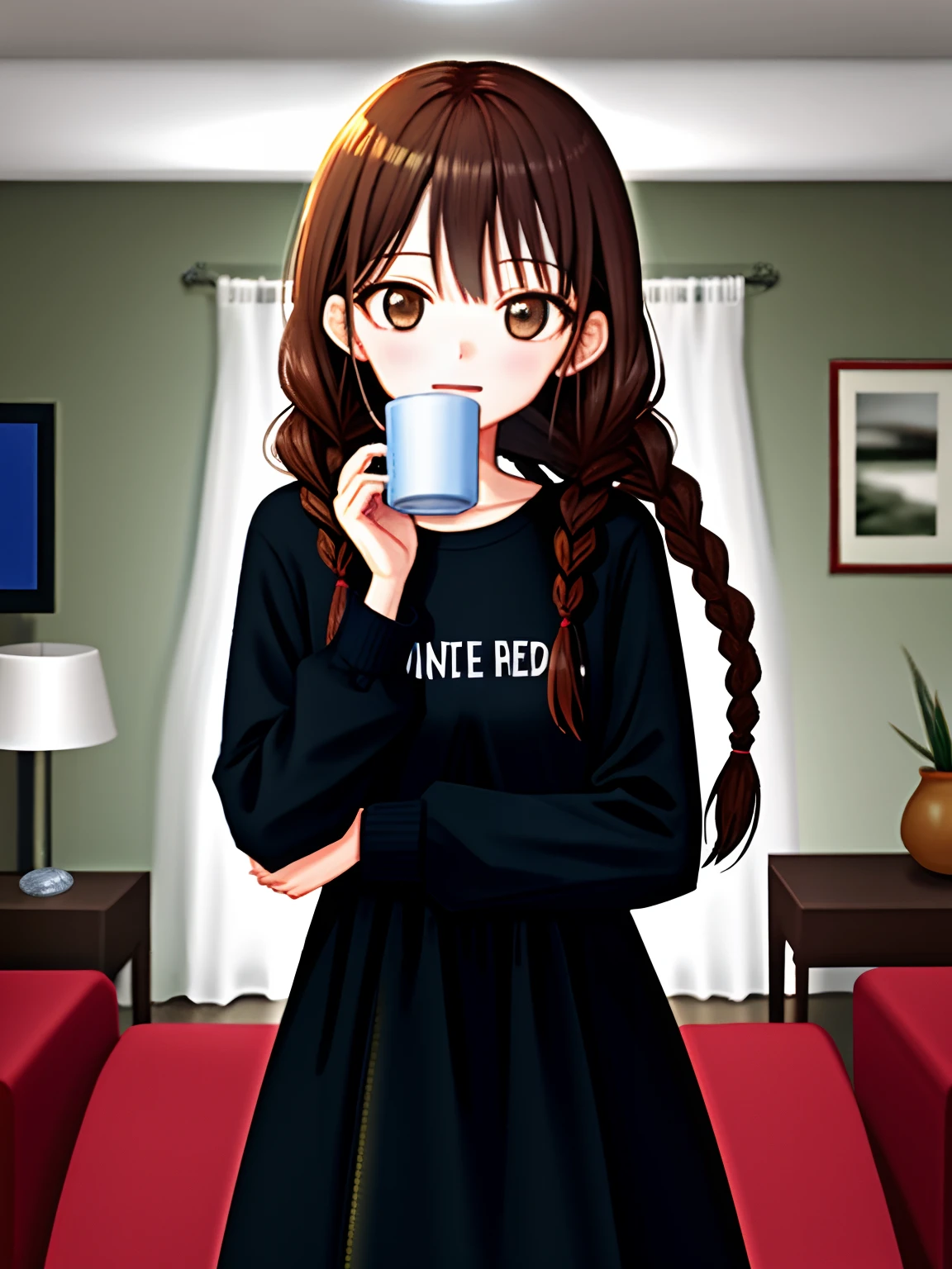 high quality, detailed, 1girl, dark brown eyes, small breasts, 
dark brown hair, twin braids, t shirt, long sleeves, long skirt, 
from front, upper body, living room, 
drinking, holding mug both hands on face