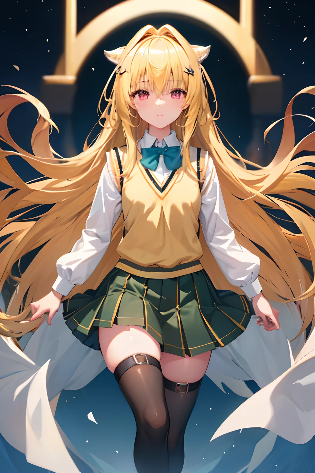 (masterpiece:1.6, best quality), (finely detailed beautiful eyes: 1.2), phyami, yamisch, 1girl, long hair, solo, school uniform, hair ornament, hair between eyes, two side up, blonde hair, very long hair, skirt, red eyes, thigh strap, sweater vest, plaid skirt, plaid, socks, two side up, hair ornament, pleated skirt, kneehighs
,