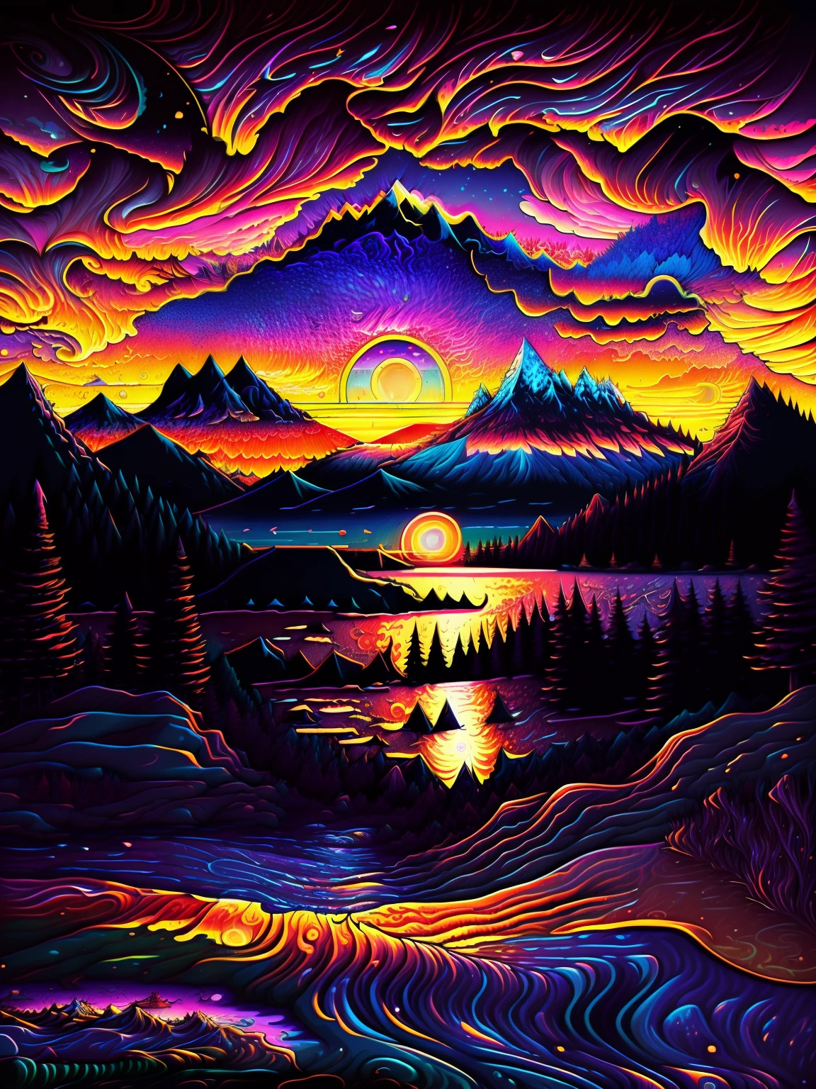 Brightly colored sunset over a mountain lake，The background is mountains, sunset psychedelic, psychedelic landscape, Vivid abstract landscape, Beautiful art UHD 4 K, sunset illustration, vibrant digital painting, Extraordinary colorful landscape, abstract nature landscape, colorful landscape painting, digital landscape art, Colorful sunset, colorful digital painting, vibrant gouache painting scenery, Psychedelic art style