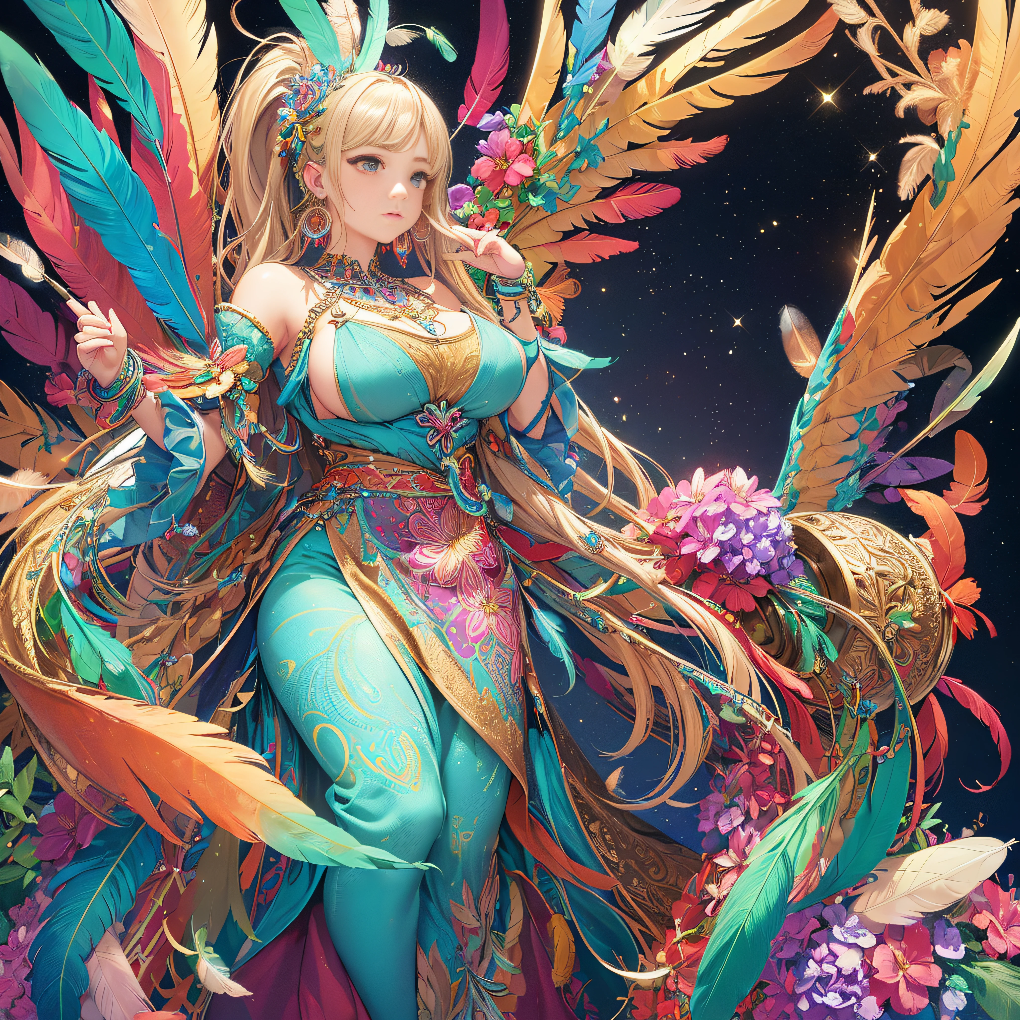 girl with, Big breasts, Bare shoulders, Blonde hair, colorful feather, metal ornaments, Colorful flowers, Particle, light, (masutepiece, of the highest quality, Best Quality, Official art, Beautiful and aesthetic:1.2), (1girl in:1.3), Extremely detailed, (Fractal Art:1.1), ( Colorful:1.1)(Flowers:1.3),highest details,(Zentangle:1.2), (Dynamic Pose), (Abstract background:1.3), (Shiny skin), (Many colors:1.4), (earrings:1.4), (Feathers:1.4), Full body image