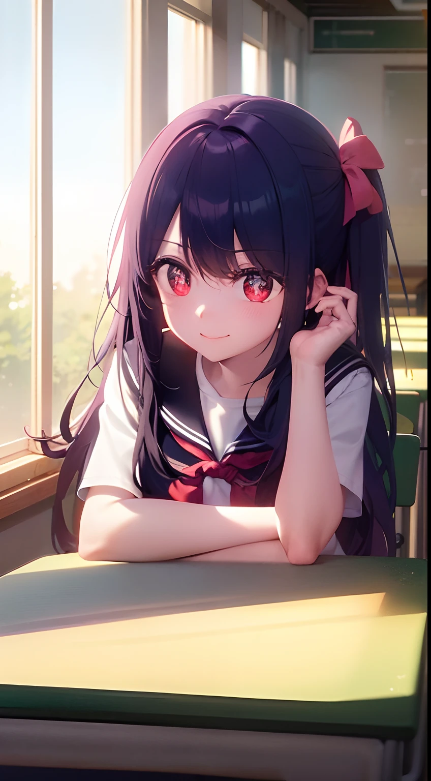Empty classroom after school, classroom scene, sunlight shining in through the window, (a lazy cute girl lying on her desk, looking at the audience, Smile: 1.3), solo, hair ornament on left, (half-off JK school uniform), black summer short-sleeved school uniform, (red eyes, stars in the eyes), classroom, (desk), curtains, windows, front, fantasy, (upper body) (large classroom: 1.2) (large scene), medium and long shot, denim lens, (colorful: 1.2) (best quality: 1.2), master work, (high accuracy: 1.1), 8k resolution, (rich detail), delicate, clear background, noise reduction, complex details, super detailed, very detailed, complex, small details, CG, fresh