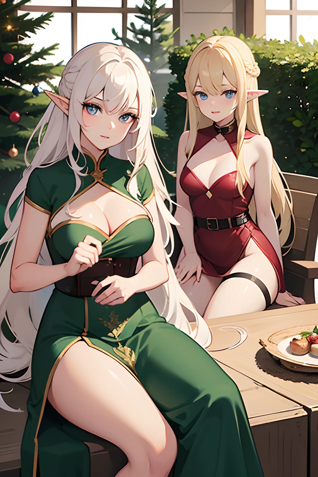 This prompt describes a high-quality picture、Realistic graphics，The theme is two beautiful young women。Their faces are very detailed，Have beautiful eyes、Delicate lips and long eyelashes。One of them was dressed in a sexy Christmas girl outfit，And the other is a mischievous elf woman。One of the women had a long, wavy hairstyle，The hair color is platinum blonde。This prompt makes use of some keywords to improve the quality and detail of the image，And the physical characteristics of women are given、Clothing meaning and character character，Make the resulting image more in line with expectations。