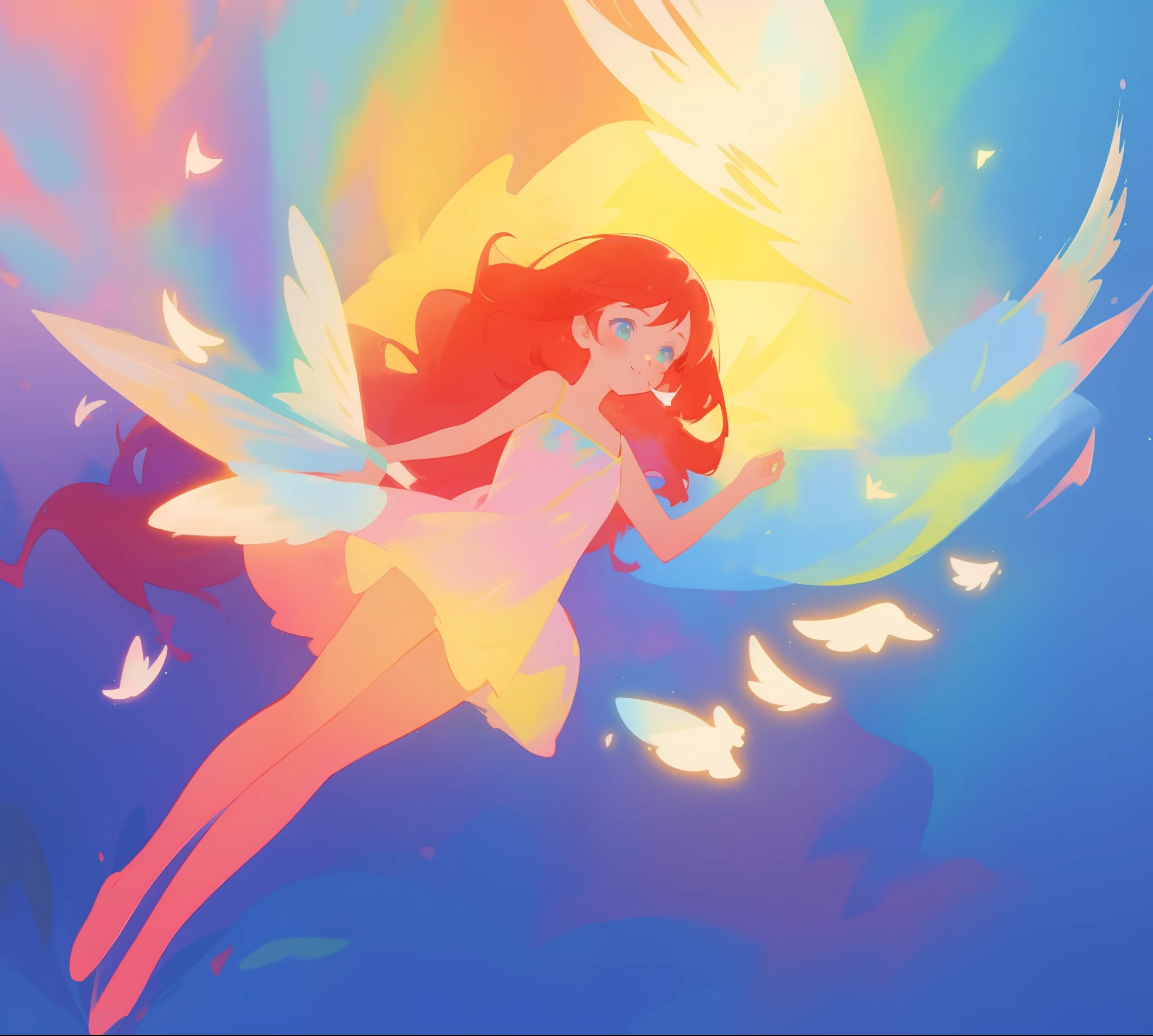 beautiful angel girl in colorful shimmering puffy dress, ((colorful angel wings)), vibrant pastel colors, long flowing red hair, colorful fantasia background, watercolor illustration, disney art style, beautiful digital illustration, beautiful, masterpiece, best quality, anime disney style, beautiful face