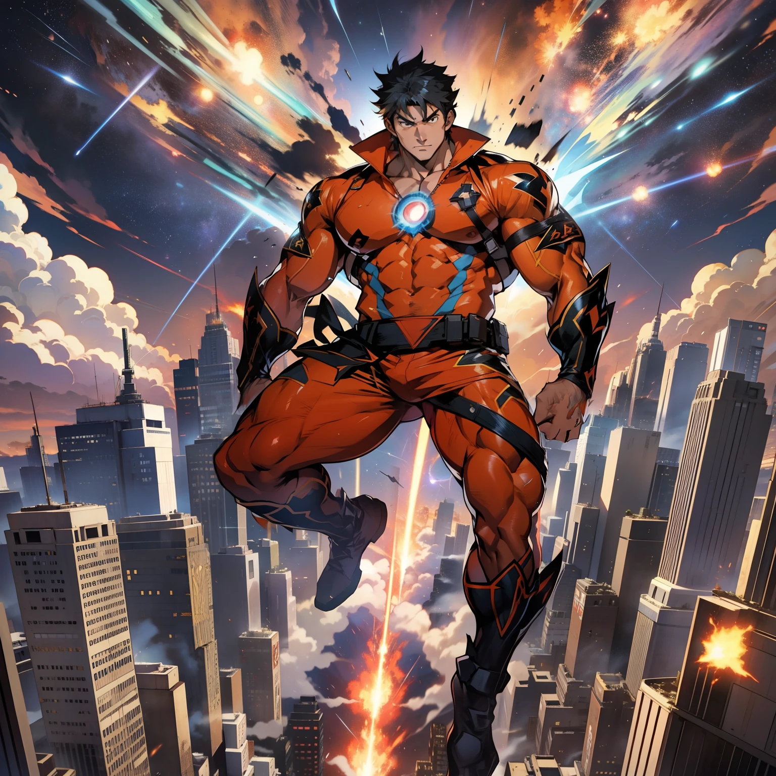 (anime style) an extremely muscular masculine superhero descends from the sky wrapped in a burning aura like a falling meteor, meteor shower, impact