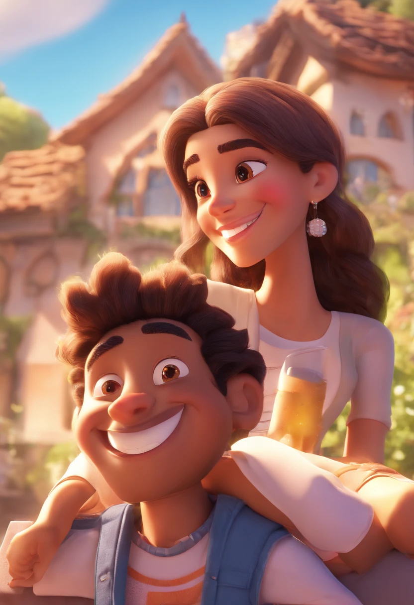 An illustration of an adorable couple, Highlight for a chubby mulatto man with smiling glasses and a brunette woman with beautiful expressive eyes - the man's skin is mulatto and the man's hair has, while the woman's skin is black and the woman's hair is straight and brown. They are a bright room, cada um com um sorriso no rosto, e compartilhar um momento especial caracterizado pelo amor, Insights. Illustrate this scene from a perspective where they are facing the camera, Smiling and Showing Your Connection. Desenvolva esta arte em Full HD, Focus on your cinematic touch, Estilo Disney Pixar Animations