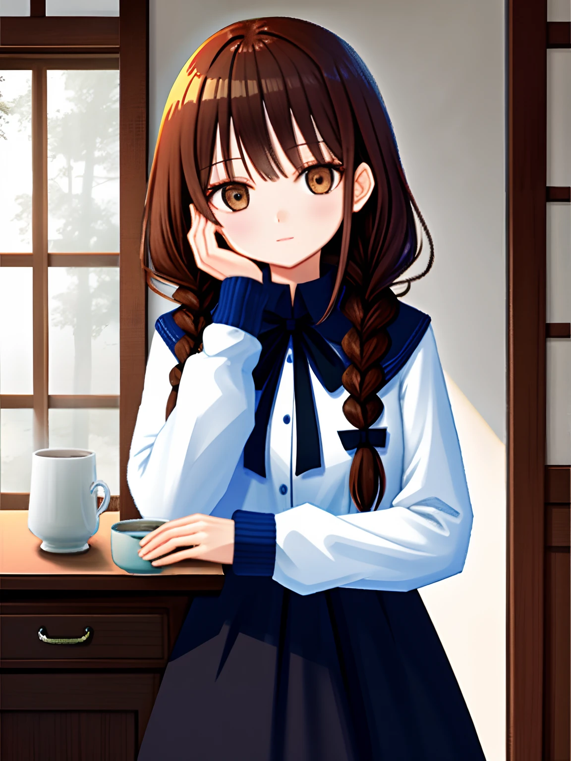 high quality, detailed, 1girl, dark brown eyes, small breasts,
dark brown hair, twin braids, t shirt, long sleeves, long skirt,
from front, upper body, living room,
drinking, holding mug both hands on face