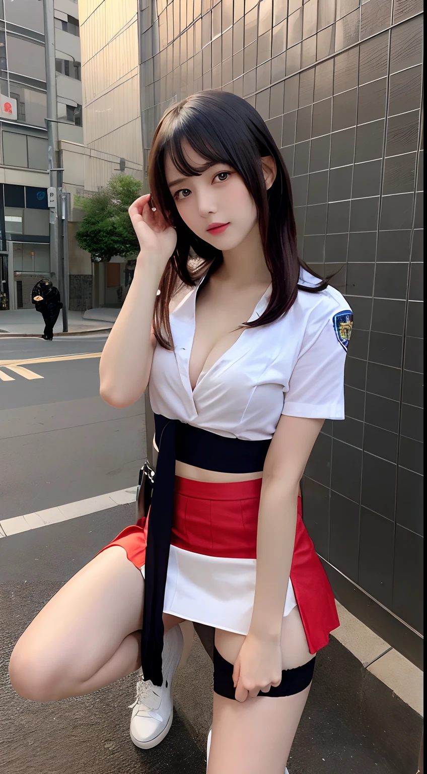 finely detail, hight resolution, hightquality、Perfect dynamic composition, Beautiful detailed eyes, Medium Hair, small tits、Natural Color Lip,Kamimei、Shibuya、20 years girl、1 persons、Transparent skin、Glowing hair、masutepiece, Best Quality, Ultra-detailed, finely detail, hight resolution, 8K、The correct state of the human body、crouching down、Gravure Model Pose,Beautiful sunset,In front of the red brick wall,beautiful ilumination,Photographed with hair fluttering in the wind,Colossal tits,((Police Cosplay:1.5,a short skirt:1.5,The shape of the chest is visible:1.5,thigh visible:1.5)),((Pinching the chest,Flip up the skirt yourself:1.5))