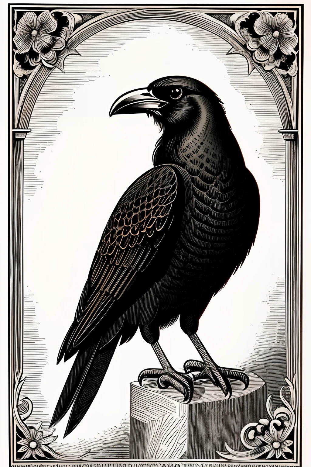 illustration of a haughty crow, black and white, perfect illustration, engraving style, vintage style