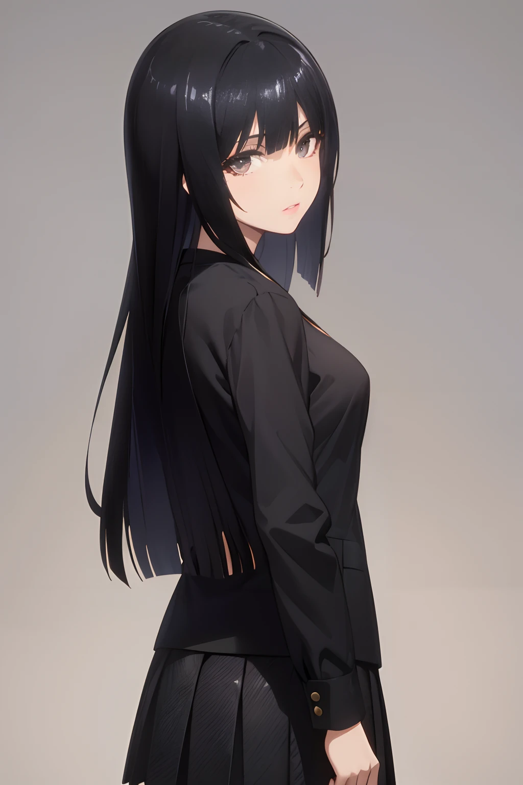 A girl with long hair and black eyes looking back at viewer from her side. She is wearing a black caot with a black pleated skirt and black leggings.