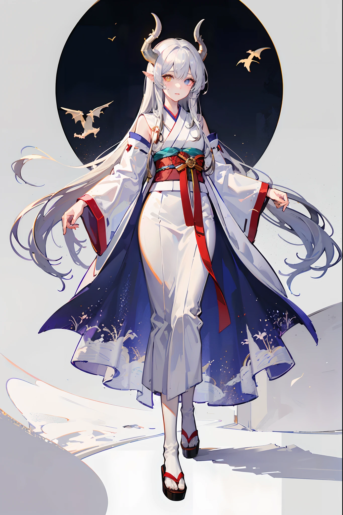 (masterpiece), high quality, perfect face, detailed eyes, (dragon woman), feminine, elegant, (heterochromatic eyes), (serious expression), (curved horns), (white dragon wings), (white dragon tail), long silver hair, (medium chest), (wearing a white and brown elegant kimono), (cherryblossom background), (up view), (looking at the viewer), (holding a katana), Beautiful eyes, shining eyes, super detailed, perfect eyes, glowing eyes, (full body),Beautiful eyes, shining eyes, super detailed, perfect eyes, glowing eyes,hair over one eye