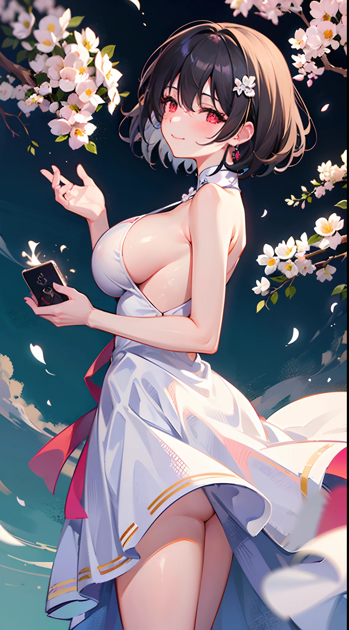 A woman with short black hair and pink-red eyes........Wearing a white Chinese dress...... Slim profile, Fair-skinned, large boobs, He blushed slightly........, Close your eyes and smile brightly..........On Mobile, white flower