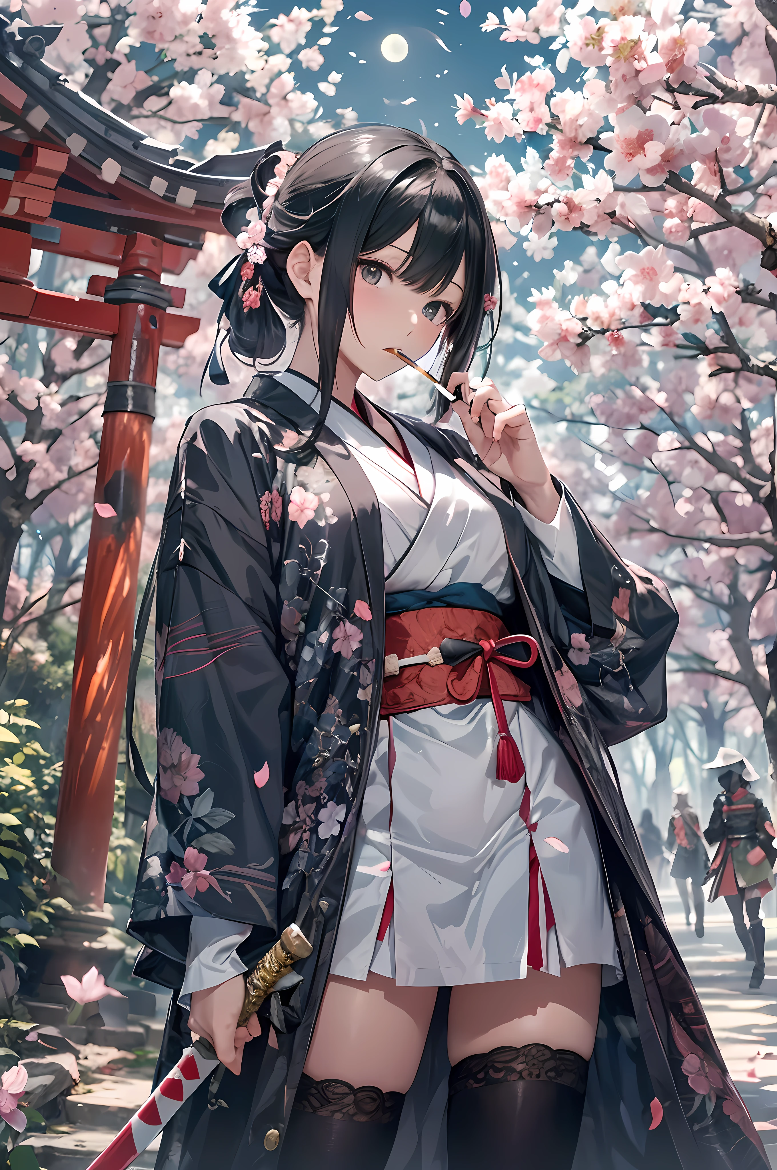 A woman in a long coat with a sword runs through the forest, 1girl in, Solo, Samurai、(Put a cigarette in your mouth)、arma, Moon, Sword, komono, thighs thighs thighs thighs, architecture, Black hair, cherryblossom、temple