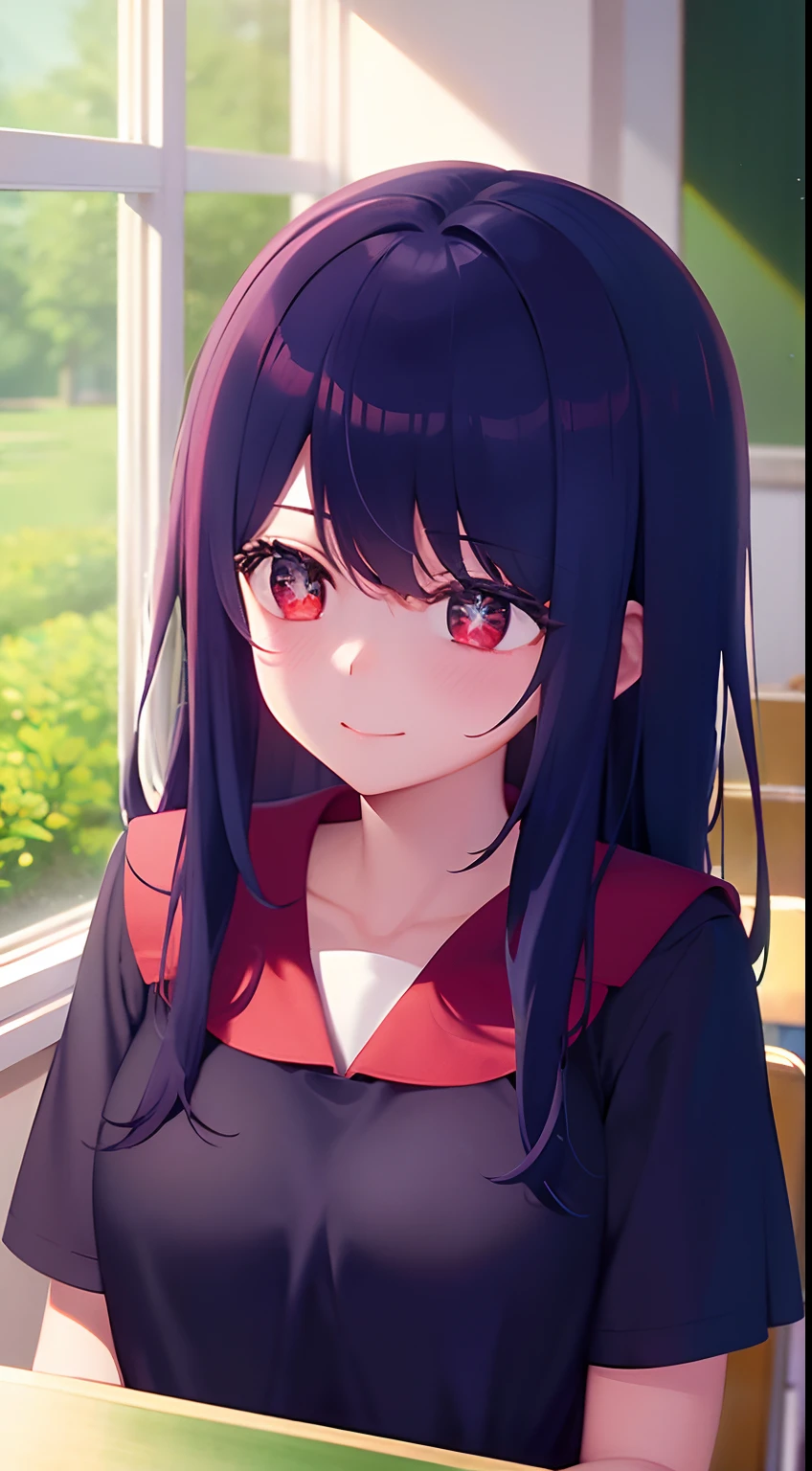 Empty classroom after school, classroom scene, sunlight shining in through the window, (a lazy cute girl lying on her desk, looking at the audience, Smile: 1.3), solo, hair ornament on left, (half-off JK school uniform), black summer short-sleeved school uniform, (red eyes, stars in the eyes), classroom, (desk), curtains, windows, front, fantasy, (upper body) (large classroom: 1.2) (large scene), medium and long shot, denim lens, (colorful: 1.2) (best quality: 1.2), master work, (high accuracy: 1.1), 8k resolution, (rich detail), delicate, clear background, noise reduction, complex details, super detailed, very detailed, complex, small details, CG, fresh