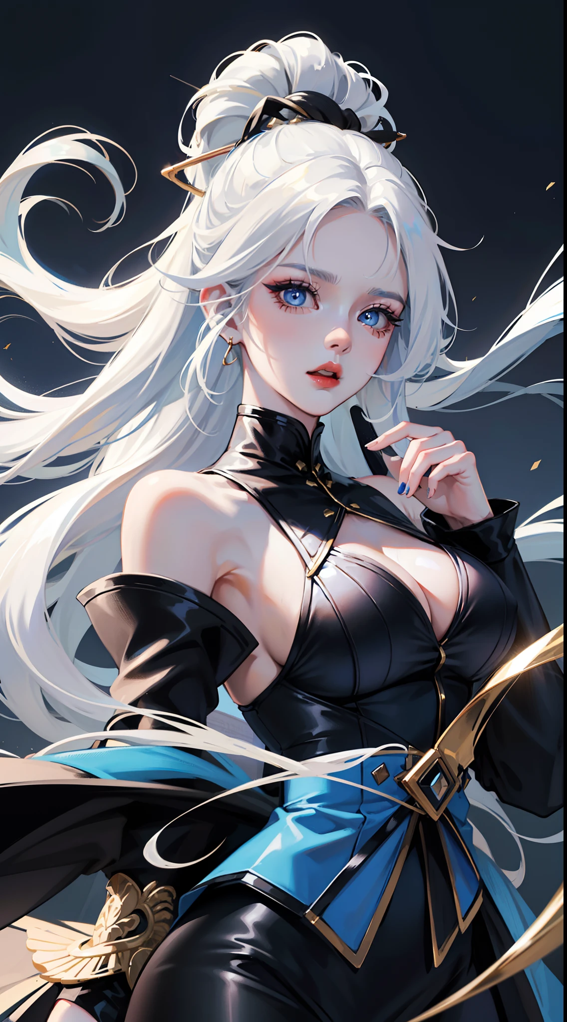 Grown-up girl, Long white hair, high ponytail, blue eyes, blue eye shadow, blue lipstick, black tight dress, Rich dress, Sleeveless, open breasts, Gold Elements, singing, Opera, Masterpiece, hiquality, 4k, HD, Good detail