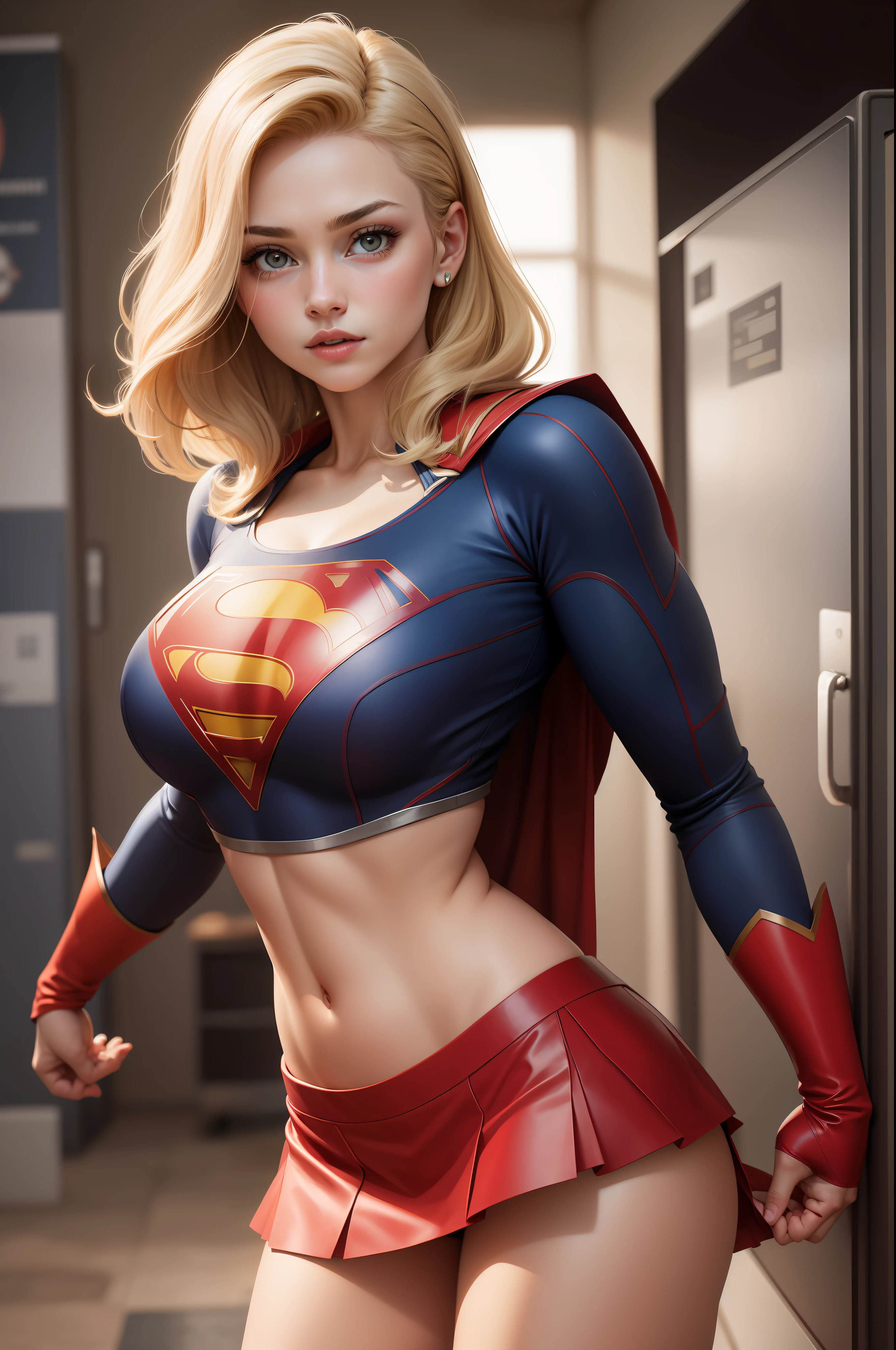 Supergirl in a superman underboob shirt, too short skirt, visible pussy, too small skirt posing for a picture, superhero body, amouranth as a super villain, better known as amouranth, amouranth, supergirl, crop shirt and strong abs, bodybuilder superhero bikini, fit girl, cory chase as an atlantean, photorealistic perfect body, [ adamantly defined abs ]!!