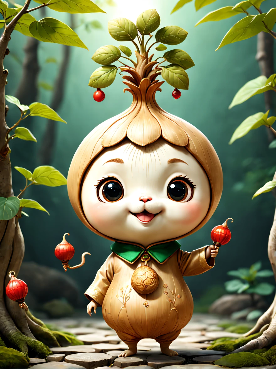 best quality, highres, ultra-detailed, realistic, cartoonish character with anthropomorphic ginseng elements, adorable and round head, charming and approachable appearance, maintaining overall equilibrium of the character, dressed in traditional costume, with a head shaped like a ginseng bulb, showcasing the entirety of the body