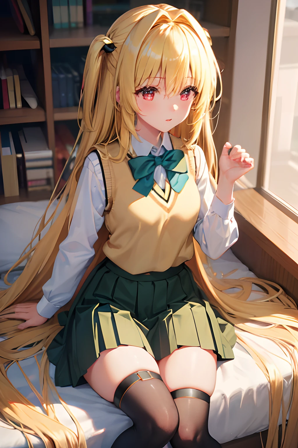 (masterpiece:1.6, best quality), (finely detailed beautiful eyes: 1.2), phyami, yamisch, 1girl, long hair, solo, school uniform, hair ornament, hair between eyes, two side up, blonde hair, very long hair, skirt, red eyes, thigh strap, sweater vest, plaid skirt, plaid, socks, two side up, hair ornament, pleated skirt, kneehighs
,